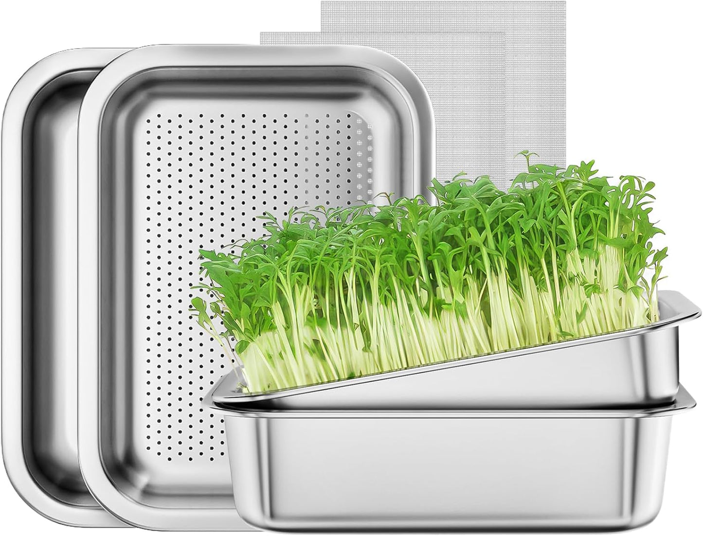 FANHAO 2-Pack Sprouting Tray Kit, Stainless Steel Soil-Free Cultivation Germination Tray, Healthy Wheatgrass Grower Sprouting Container Kit Nursery Tray for Indoors Plant Seedlings