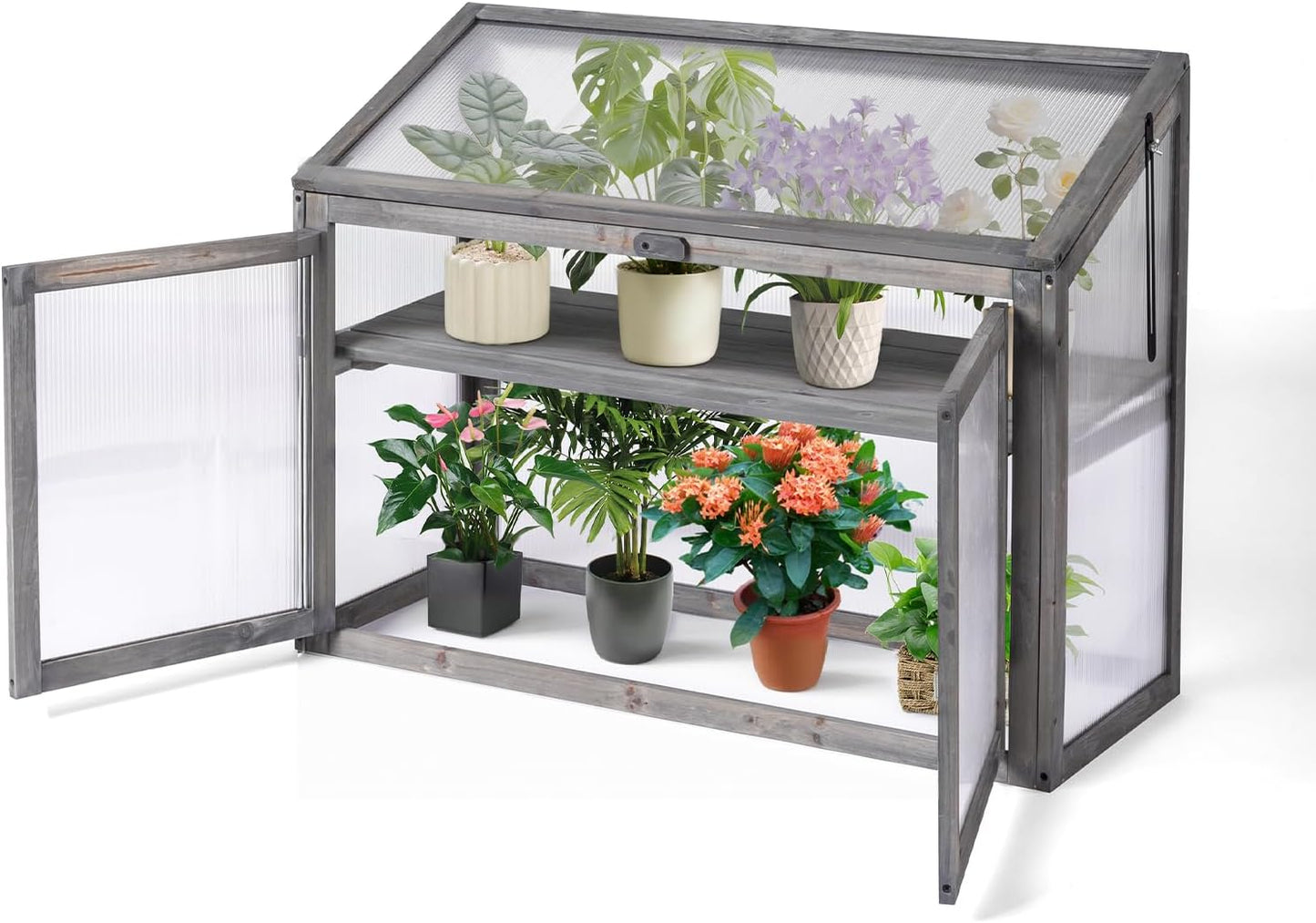 VINGLI Cold Frame Greenhouse, Mini Wooden Green House with Flip-Top Roof, Raised Flower Planter Shelf, Small Lockable Wood Cabinet for Plants Indoor Outdoor (Grey, 35.43" x 14.37" x 27.36")