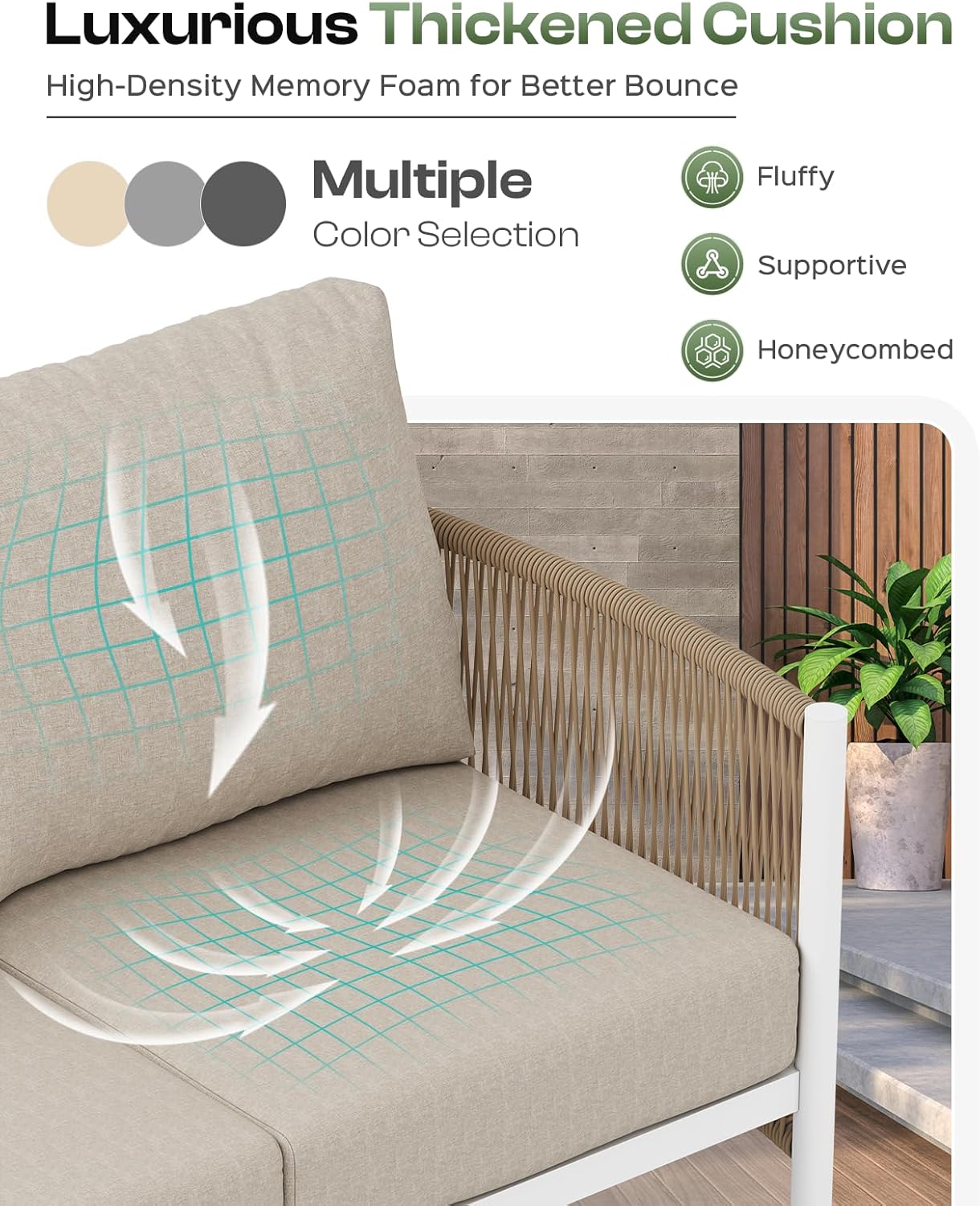 Aluminum Outdoor Patio Couch Loveseat, HDPE Rope Patio Sofa with Washable Thick Cushion, All-Weather Patio Furniture for Balcony, Yard, White Frame, Ivory