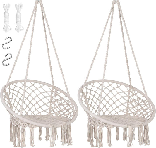 SUNCREAT Hammock Chair Macrame Swing with Side Pocket, Hanging Cotton Rope Hammock Swing Chair for Indoor and Outdoor Use, 330 lbs Capacity, Pack of 2, Beige