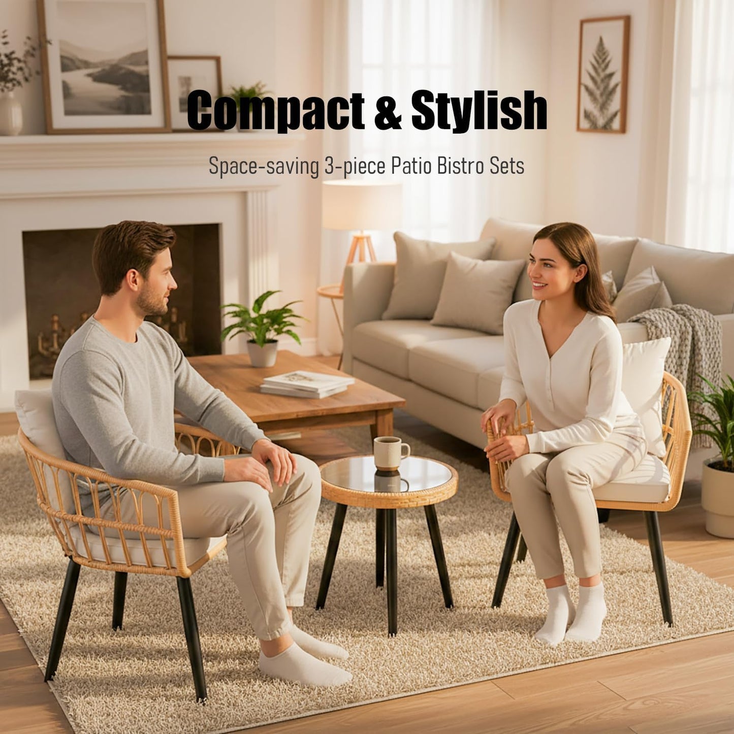 3 Pieces Patio Bistro Set, Outdoor Wicker Table and Chairs Set of 2, Rattan Balcony Furniture Set with Cushions for Front Porch Apartment Backyard Deck