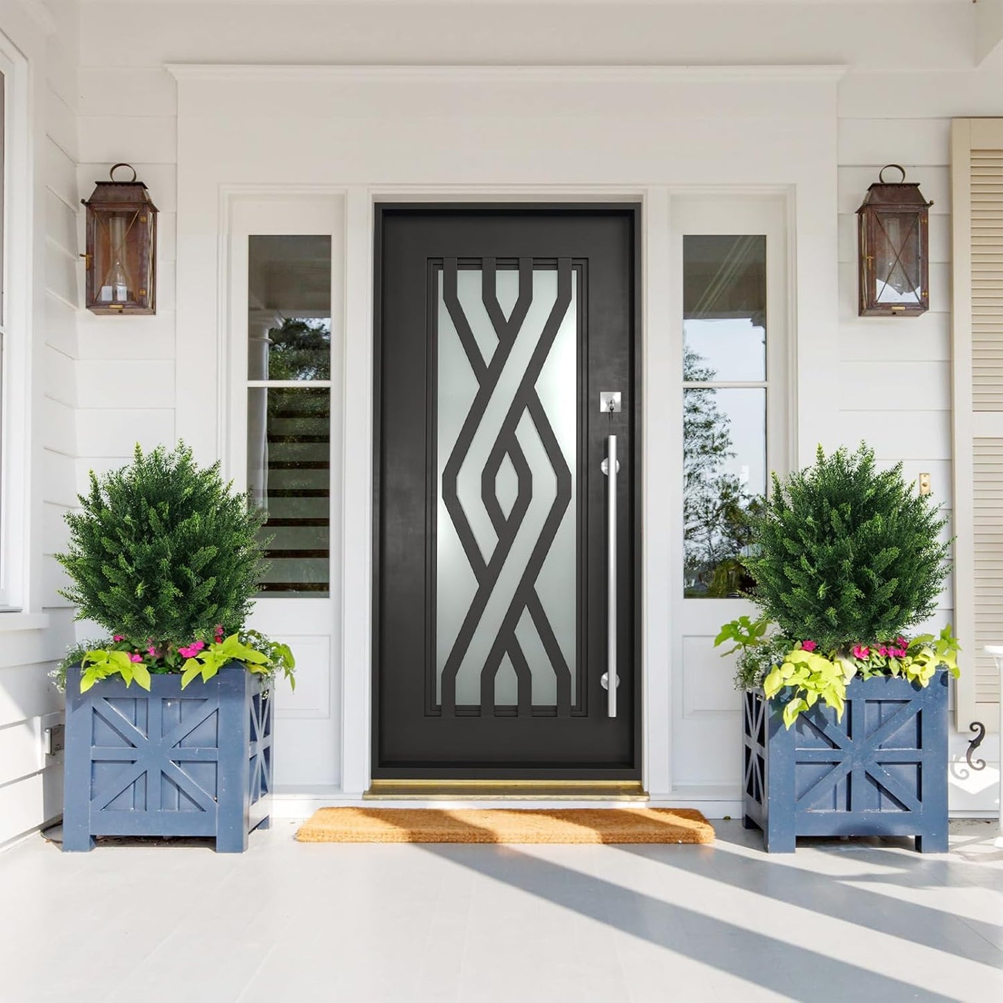 21" Artificial Cypress Topiary Outdoor Plants with Spike, 4 Pack Faux Cedar Bushes UV Resistant Fake Shrubs for Front Porch Décor