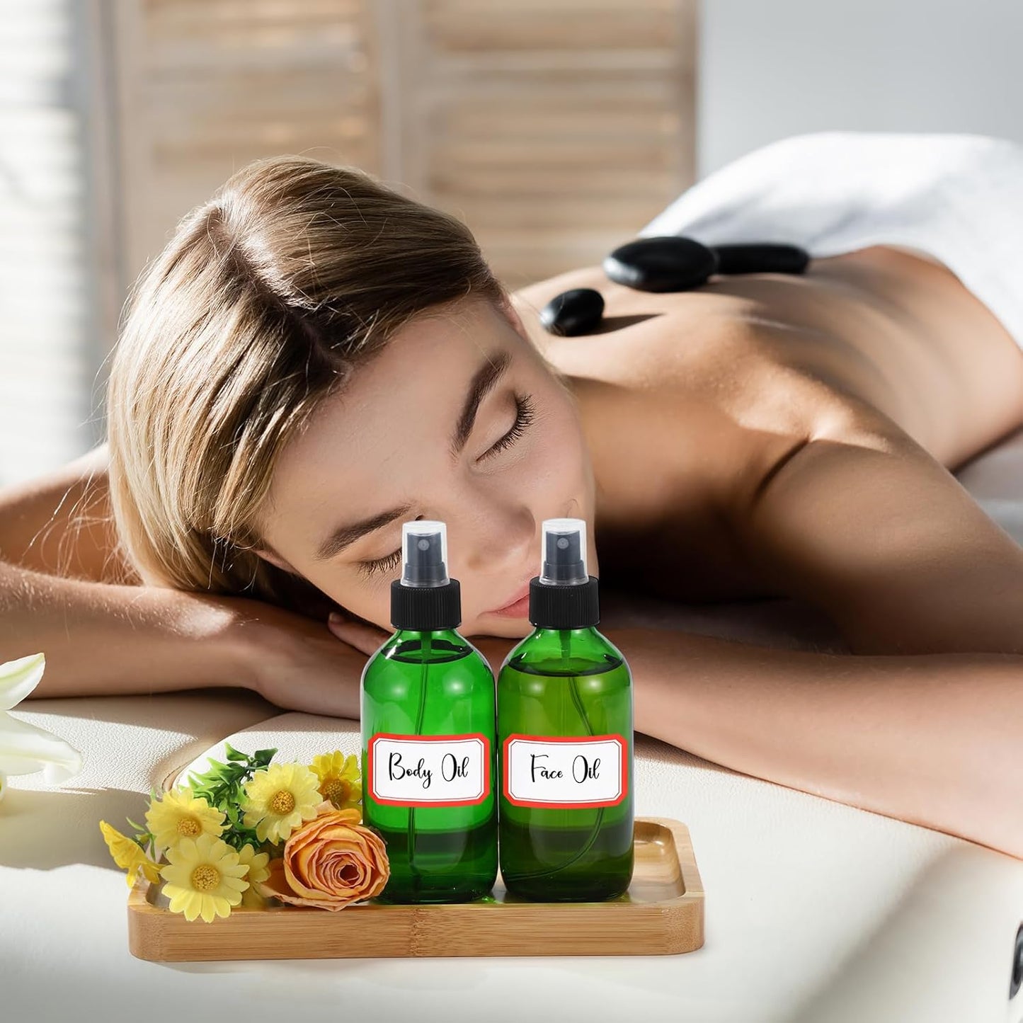 Norme 12 Pcs 8 oz Glass Spray Bottles with Funnels and Labels Refillable Cosmetic Empty Spray Bottles with Sprayer Containers for Essential Oil Cleaning Solutions (Green,Stylish)