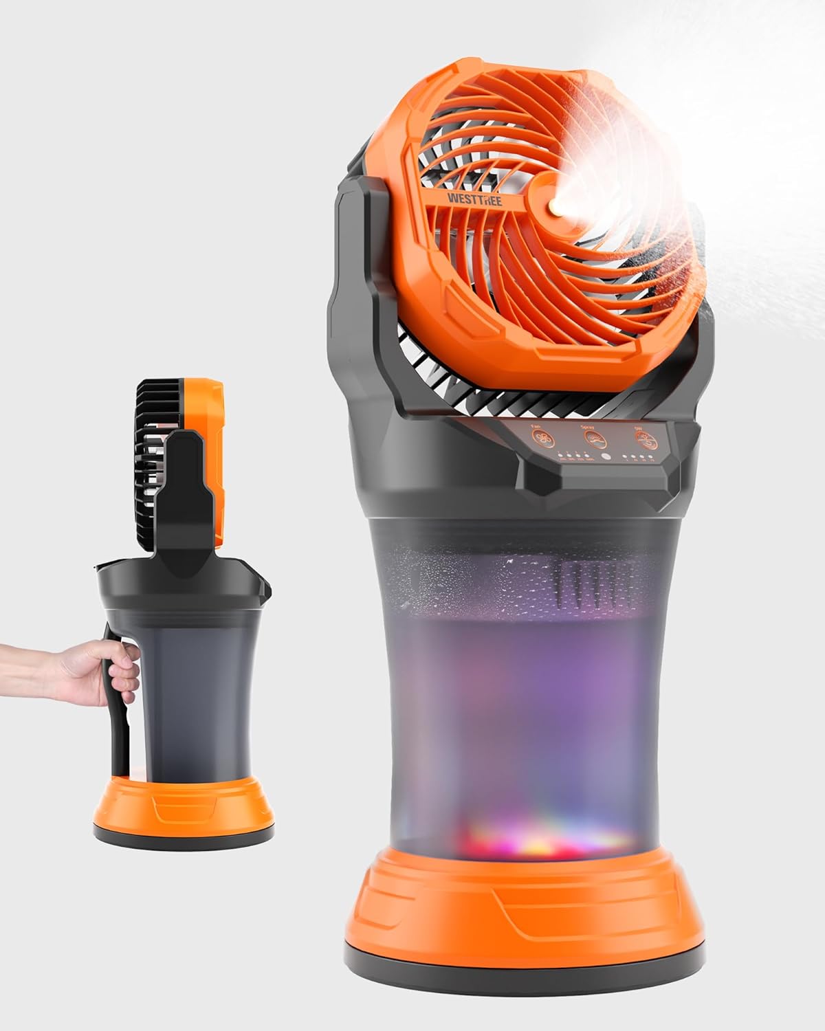 Portable Misting Fan with Large Battery Fan-Rechargeable Outdoor Misting Cooling Fans with 2L Water Tank,RGB Lights,4 Speeds & Spray Modes-for Patio, Camping, Beach, Workshop (X65 Orange)