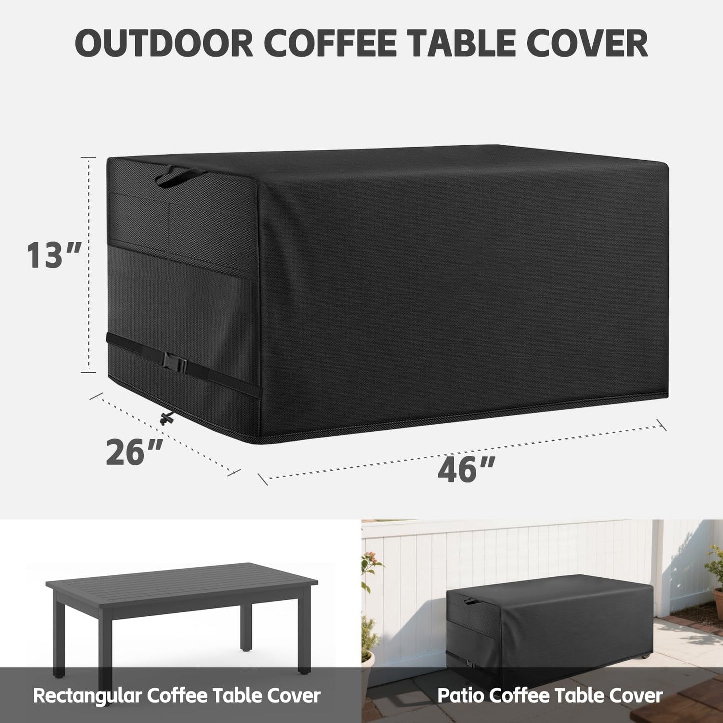 Patio Coffee Table Cover Black Heavy Duty Waterproof Cover 46" L x 26" W x 13" H for Rectangular Coffee Table