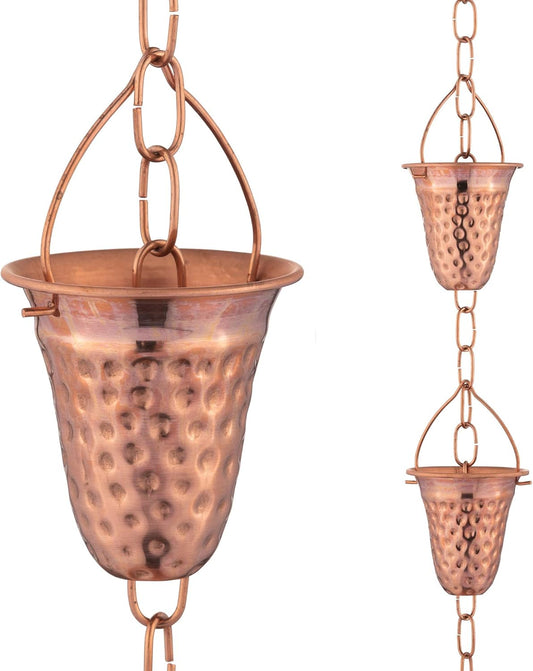 Copper Hammered Rain Chain – Decorative Chimes & Cups Replace Gutter Downspout & Divert Water Away from Home for Stunning Fountain Display – 8.5’ Long for Universal Fit – Bell Style