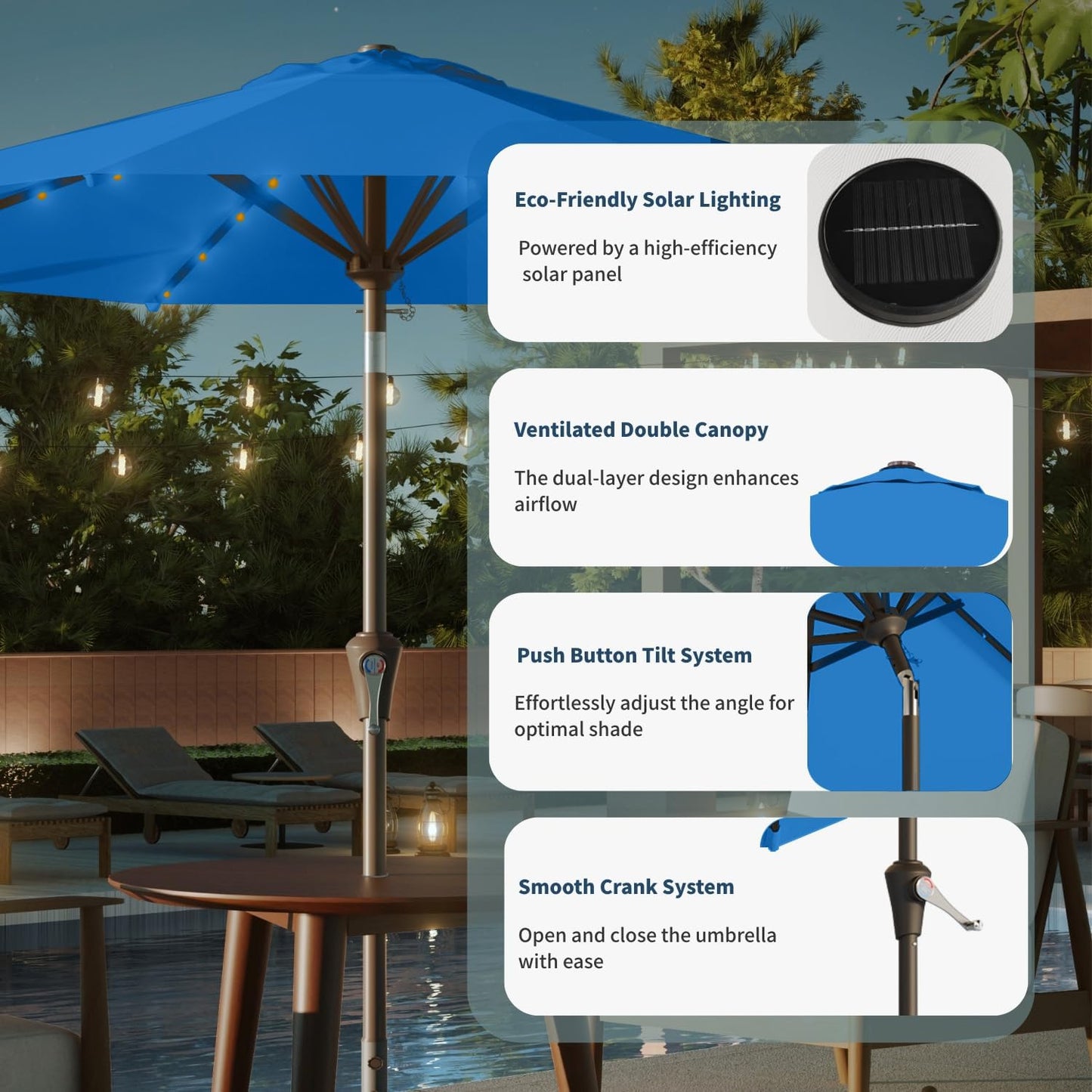 9FT Solar Umbrella 32 LED Lighted Patio Umbrella Table Market Umbrella w/Tilt and Crank, UV-Resistant Outdoor Umbrella for Pool, Garden, Deck, Royal Blue