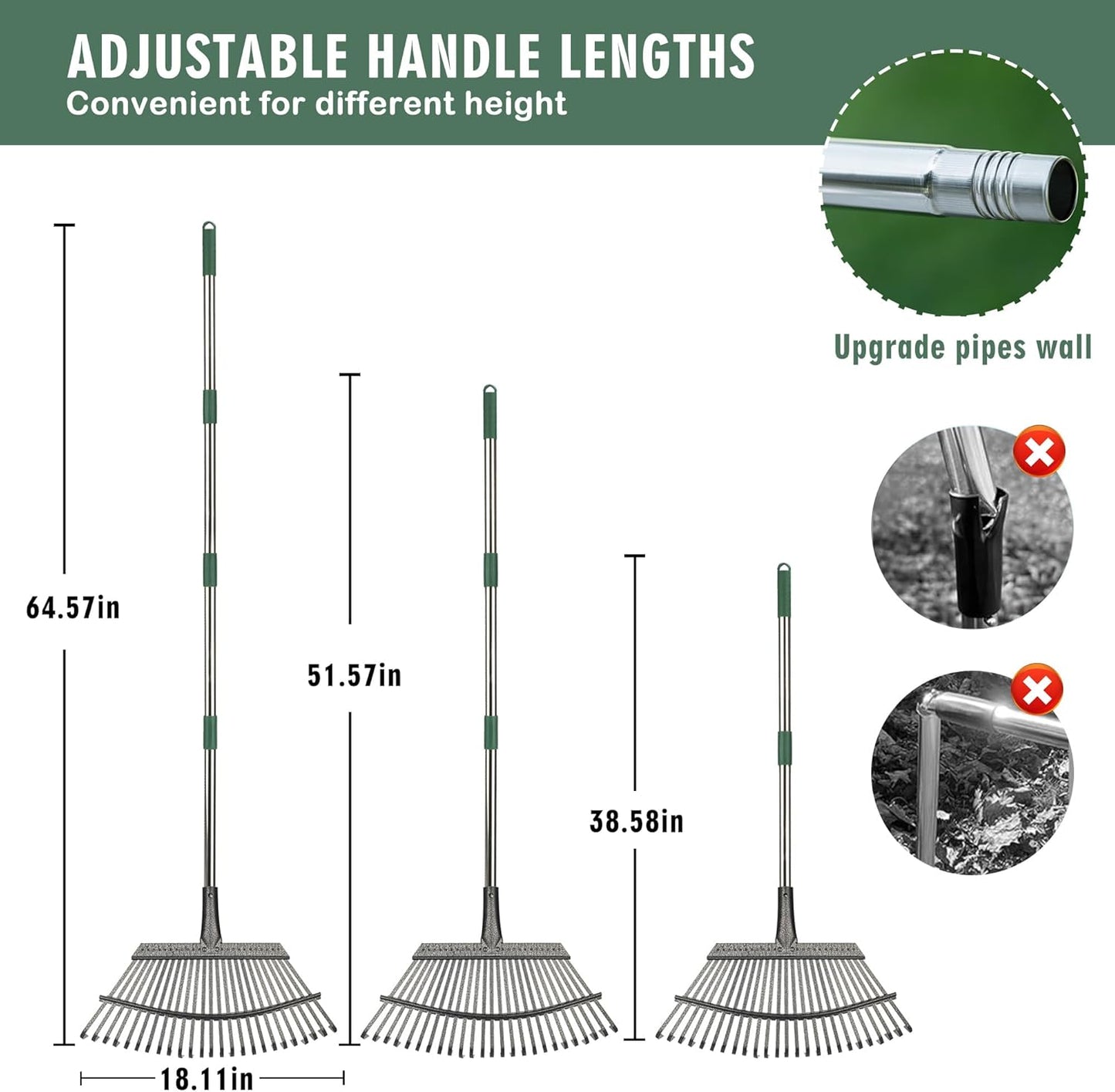 65" Rake,25-Tine Heavy Duty Garden Rake with Leaf Scoops & Bag - Non-Slip Fixed Handle Metal Rastrillo para Jardin for Lawn, Yard, Shrubs, Leaves, Debris