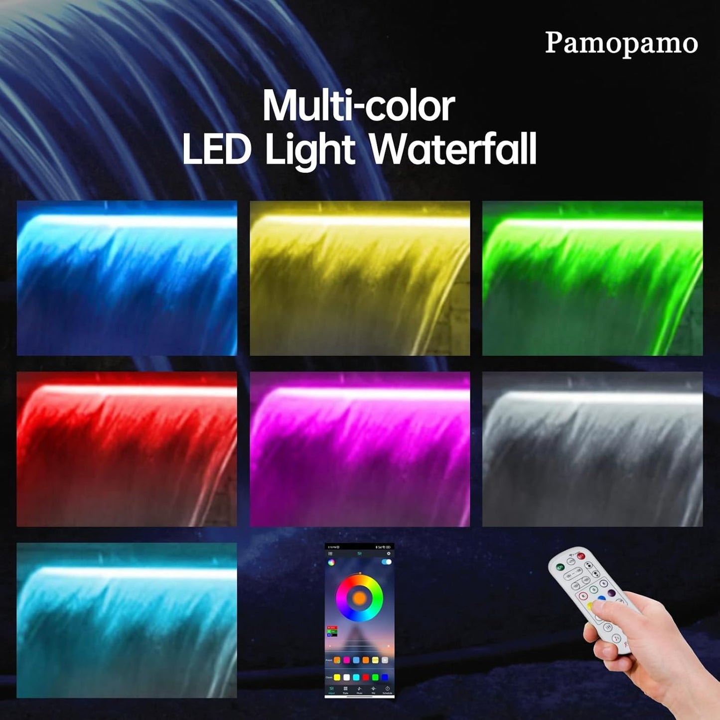 Pond Waterfall Spillway Stainless Steel Pool Fountain, APP Control LED Lighted Waterfalls Kit, Outdoor Water Flow Waterfalls Kit for Garden Patio Koi Pond Decoration-35.4"x7.8"x3.9"