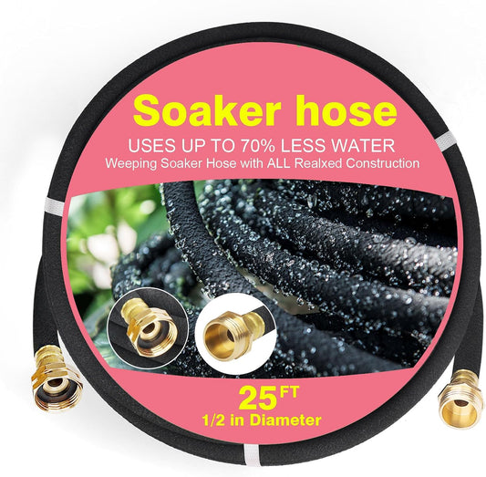 Soaker Hose 25 FT Pro for Garden Beds 1/2 Inch Rubber Longer Lasting Drip Irrigation Save 70% of Water Various Accessories Great for Lawn and Yard