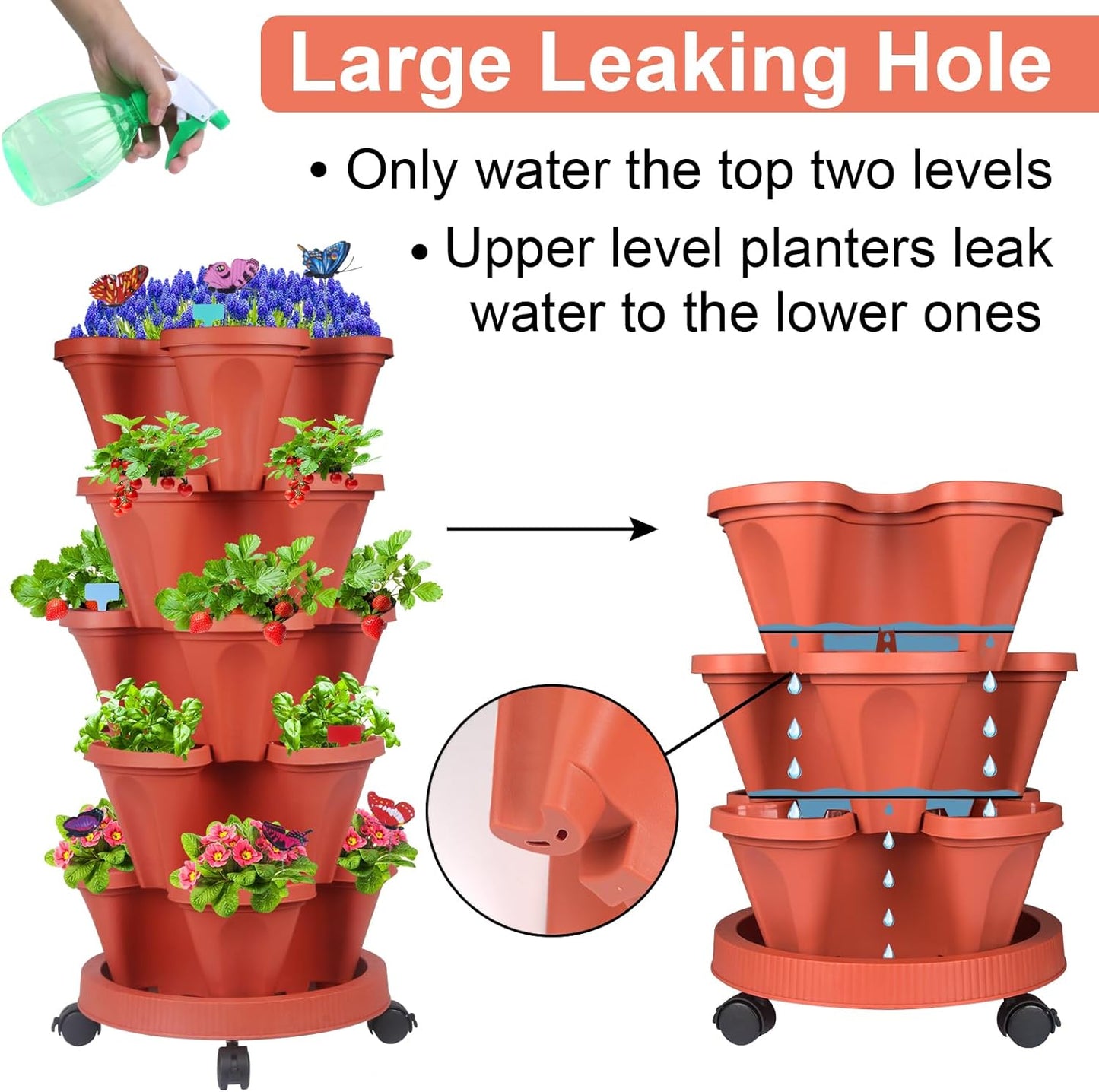 Vertical Planter, 5 Tier Stackable Strawberry Planter with Garden Tool Set, Movable Indoor/Outdoor Garden Herb Pot for Growing Vegetables and Succulents, Red