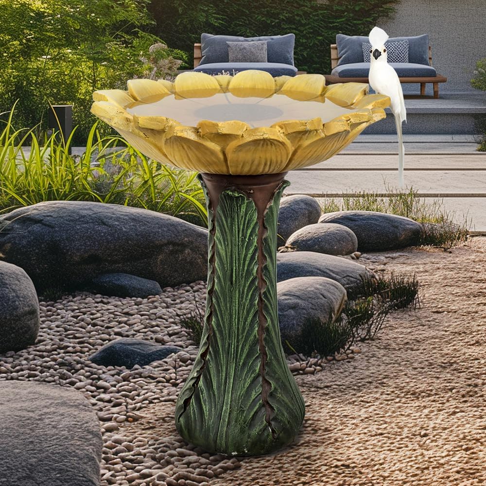 Garden Birdbath Sunflower Shaped, 24.4" H * 20" Φ Freestanding Concrete Bird Bath for Outside Patio Yard Decor