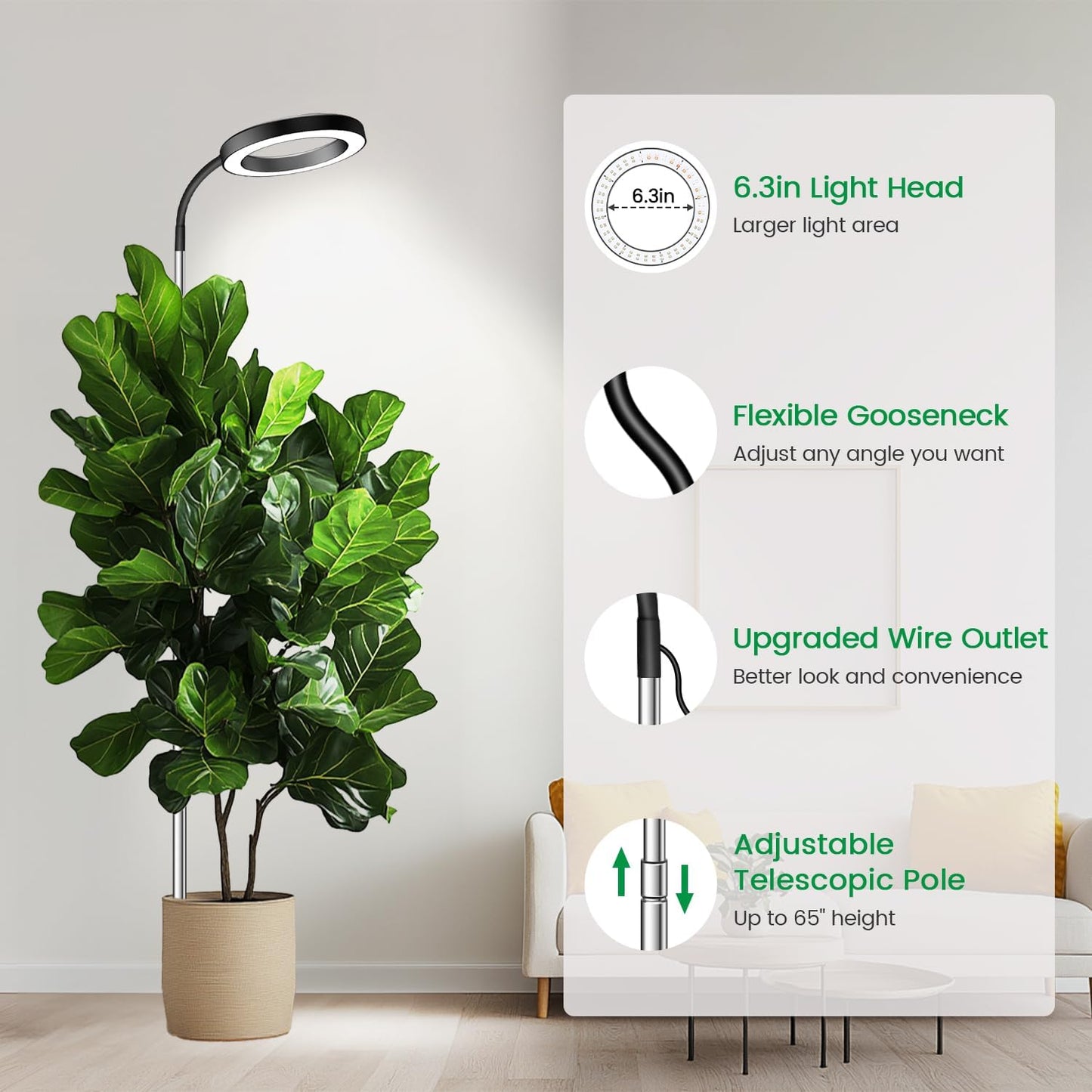 Garpsen Plant Light, Full Spectrum Grow Light with Gooseneck, 3 Colors Modes and 5 Dimmable Levels, 6/12/16H Timer, 65'' Height Adjustable Grow Lamp for Large Plants(3Pack)