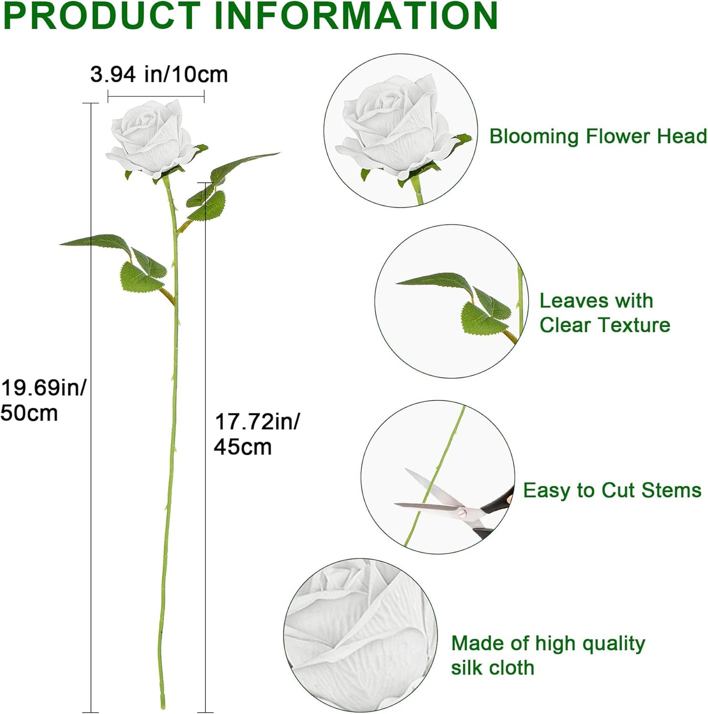 Fake Plants Roses Flowers Plastic Flowers Spring Decorations for Home Gifts for Gf Roses Artificial Flowers for Vase Fake Flowers Home Decor 19.6”(50PCS White)