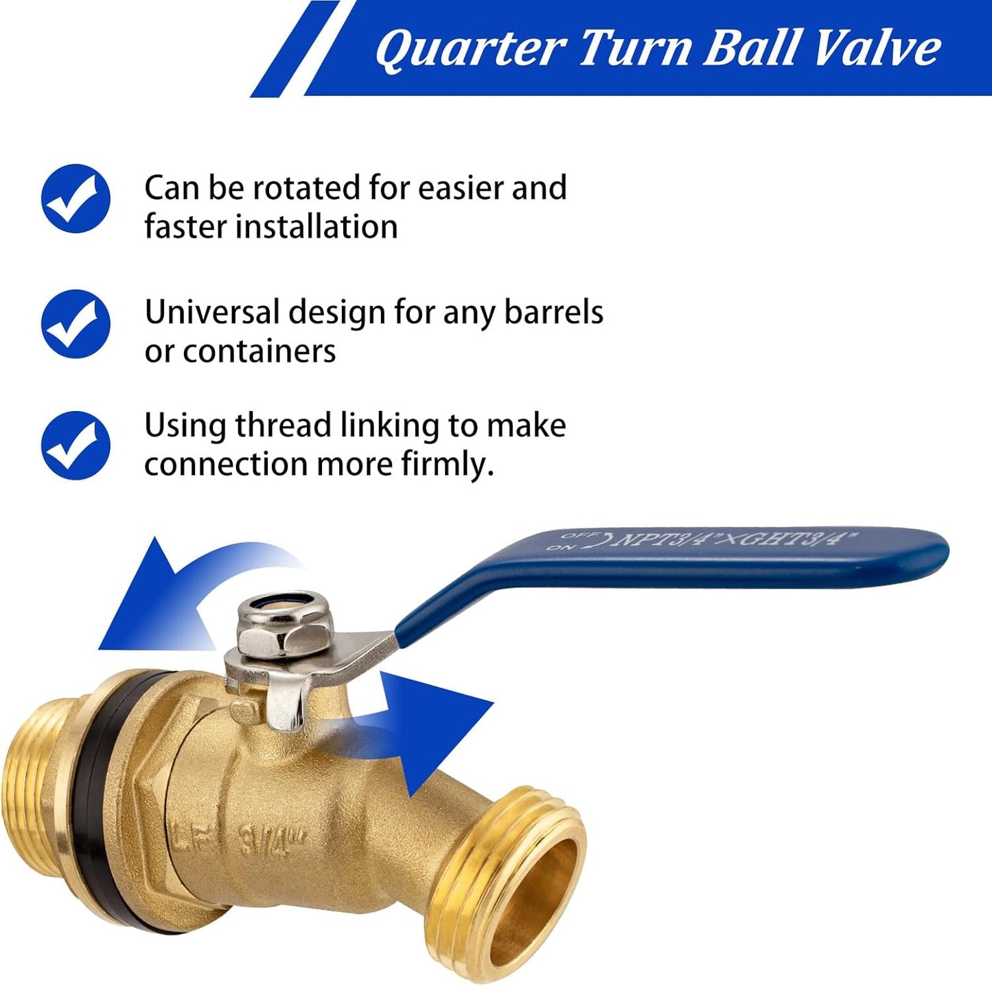 Brass Rain Barrel Spigot Kit 3/4" GHT Brass Water Container Rain Barrel Faucets Lead-Free Spigot for Garden Hose Thread Connection 55 Gallon Water Tank Faucet