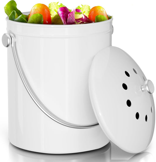 Utopia Kitchen Compost Bin for Kitchen Countertop, 1.3 Gallon Compost Bucket for Kitchen with Lid, Includes 1 Spare Charcoal Filter (White)