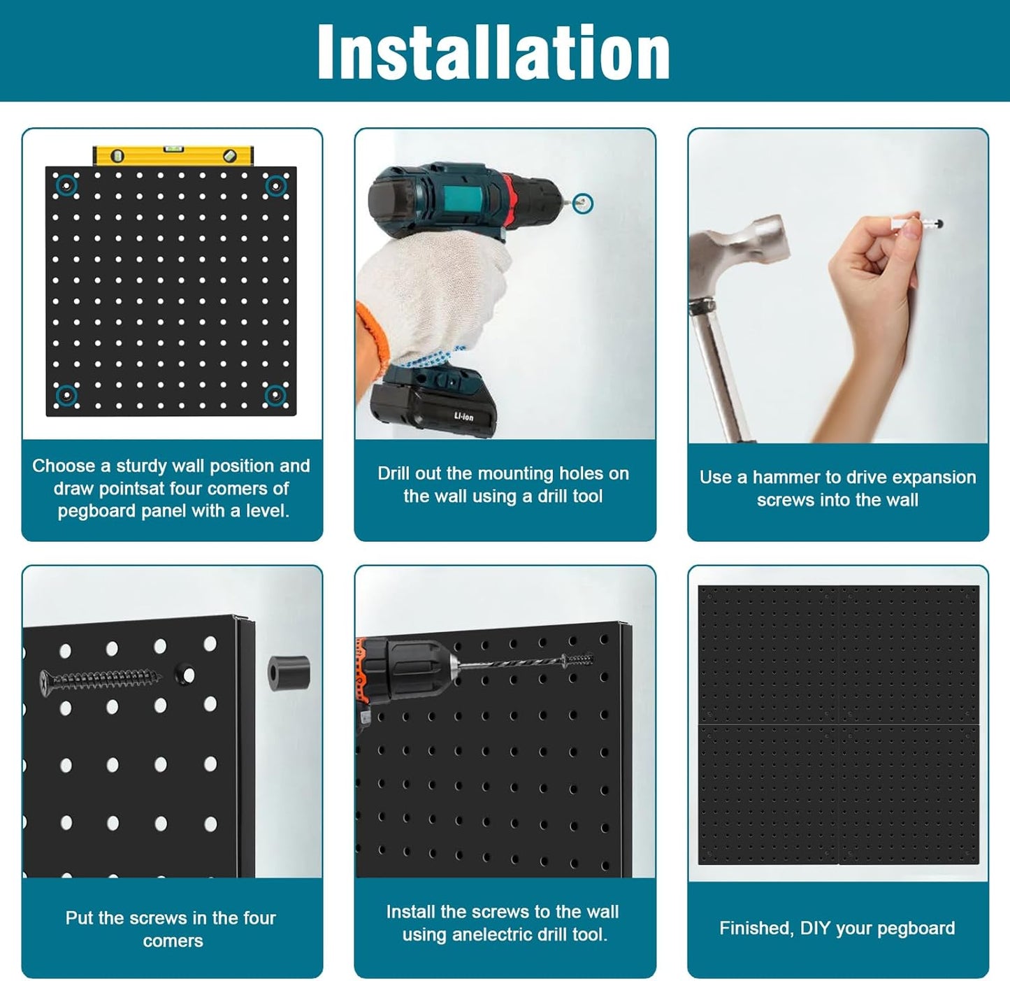 Peg Board,Steel Organization Panels, Ideal for Garage Tool Storage, Office Organization, Craft Room, Kitchen,Pack of 6(Black, 6-12X12)