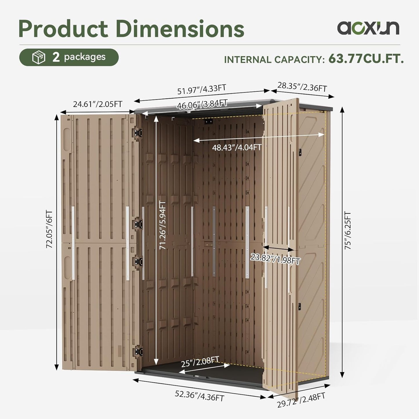 Aoxun Outdoor Storage Shed, 64 Cu.Ft Vertical Storage Sheds Outdoor with Floor, Outdoor Waterproof Storage Cabinet for Garage Storage, Pool Storage, Bike Shed, Garden Shed (Brown)