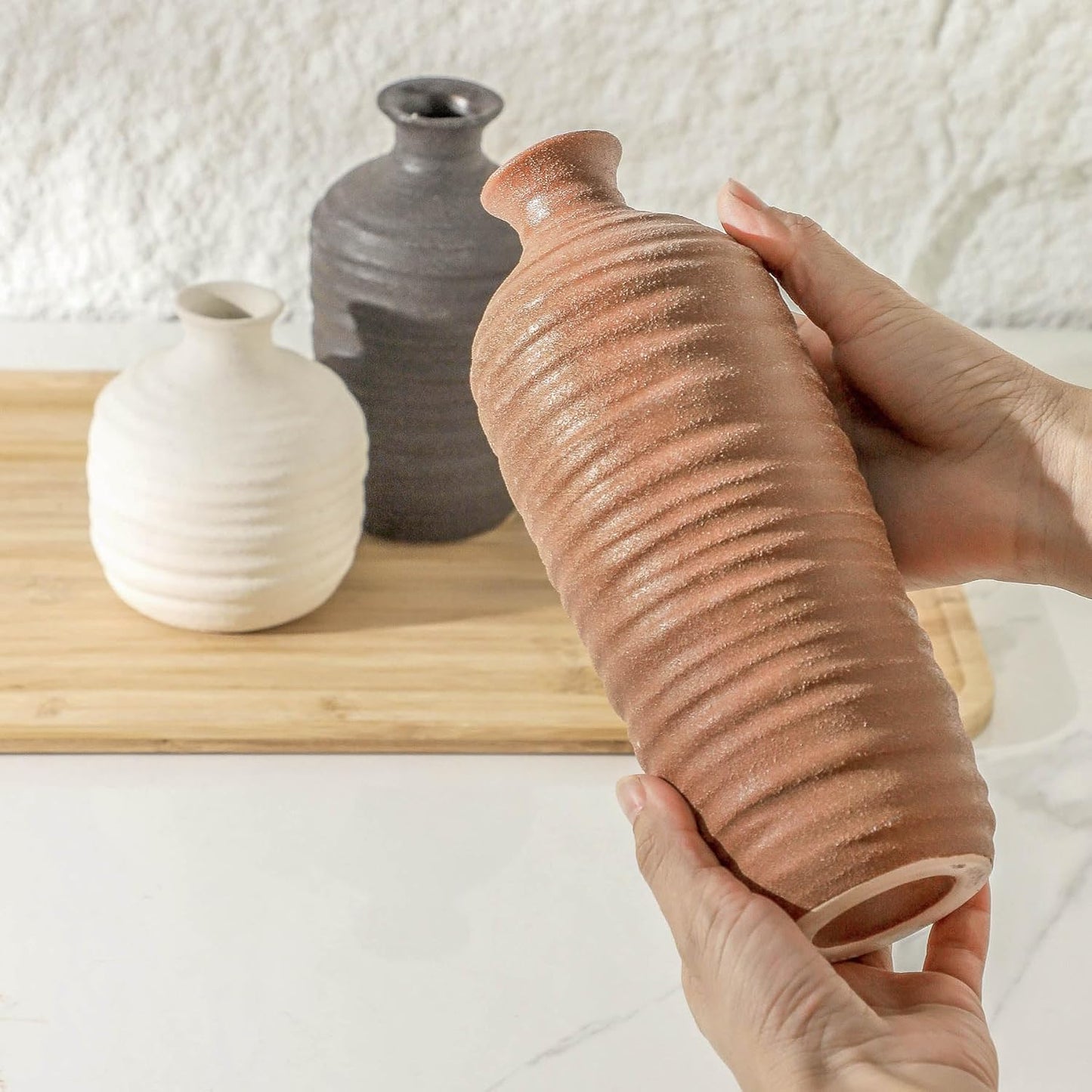 Ceramic Vase Set of 3 Neutral Decorative Vase for Farmhouse, Boho, or Rustic Home Decor Pottery Vases for Pampas Grass Living Room Bedroom Table Mantel Entryway Shelf (01-Brown)