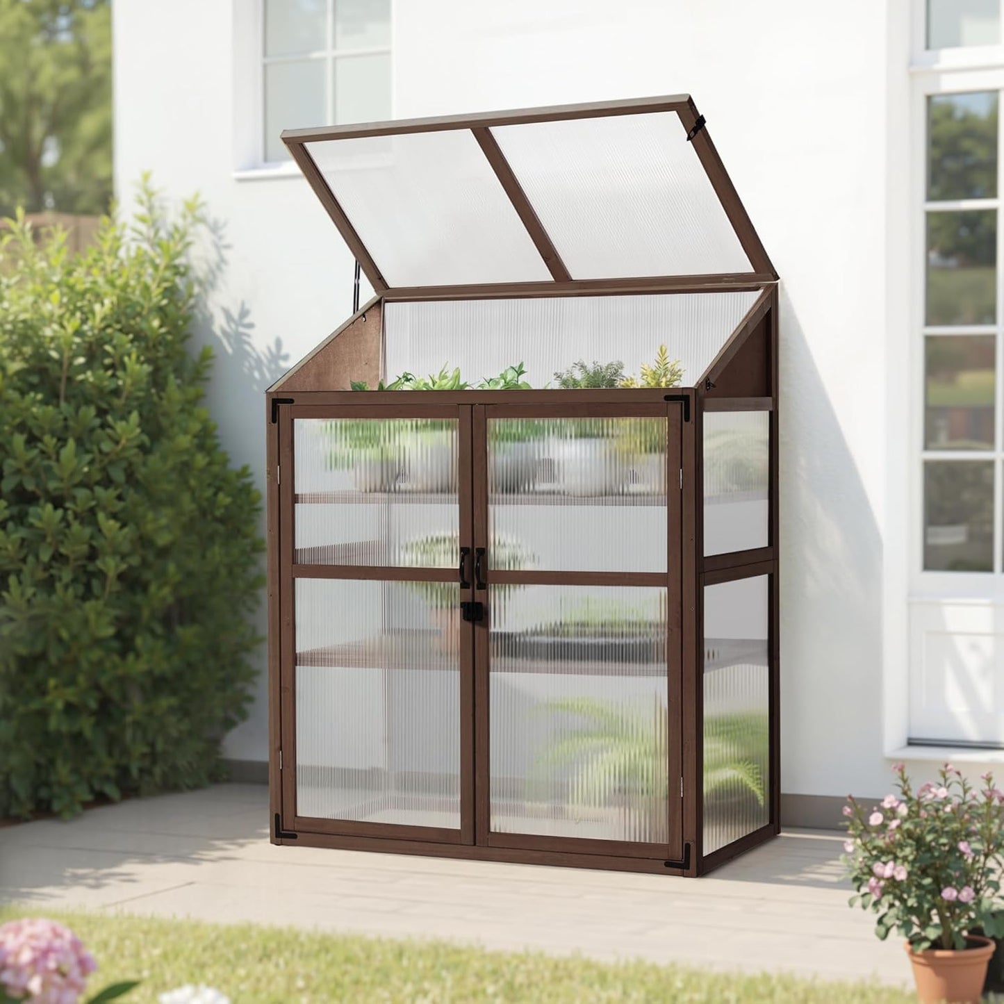 Macrout Cold Frame Greenhouse, Large Wooden Greenhouse Cabinet, Garden Cold Frame with Adjustable Shelves for Outdoor Indoor Use, 1344 (Brown)