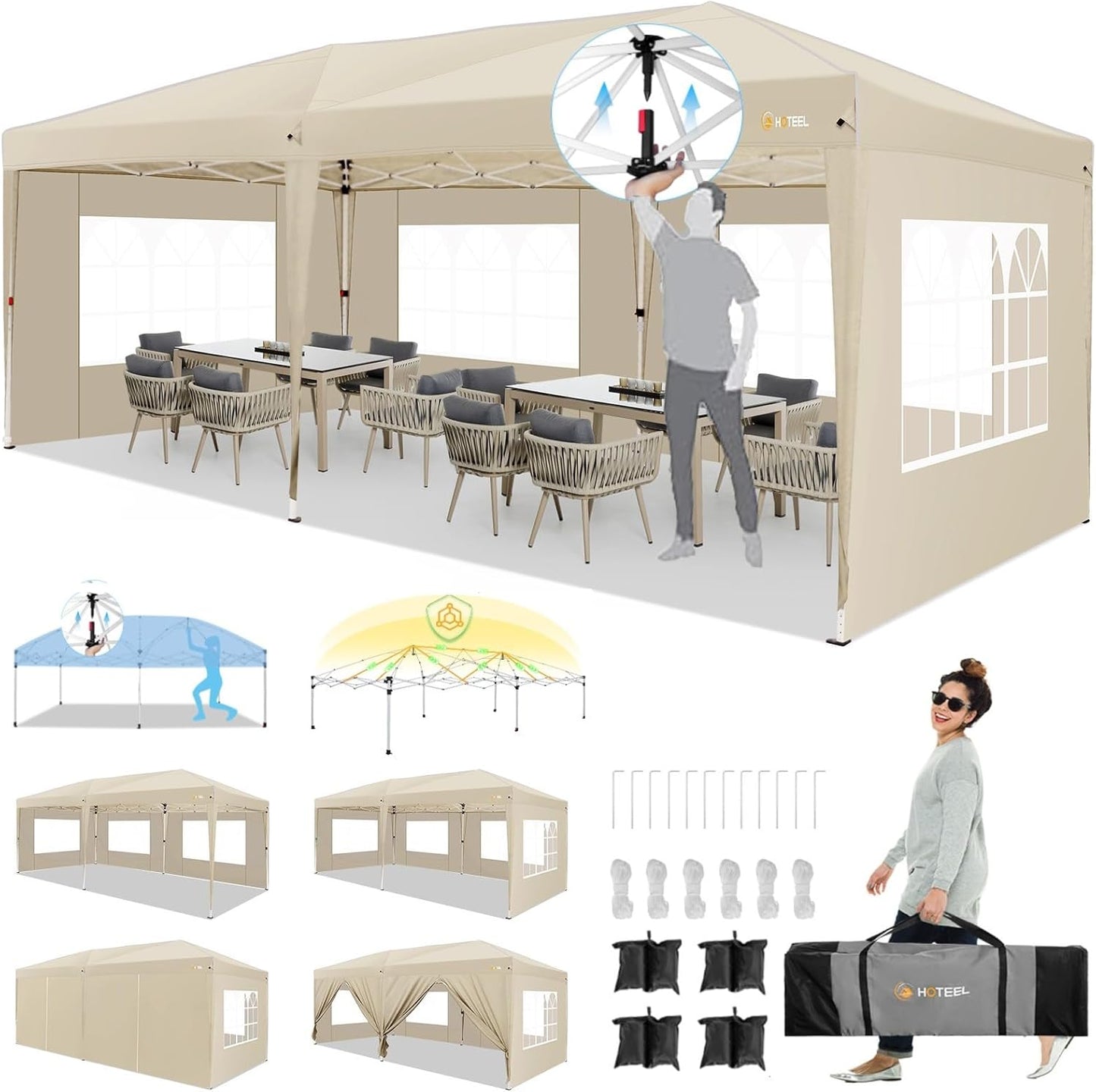 HOTEEL 10x20 Pop up Canopy with 6 Sidewalls, One Push Instant Setup Outdoor Canopy Tent with Reinforce Rod, Weight Bag, for Parties, Events, Khaki