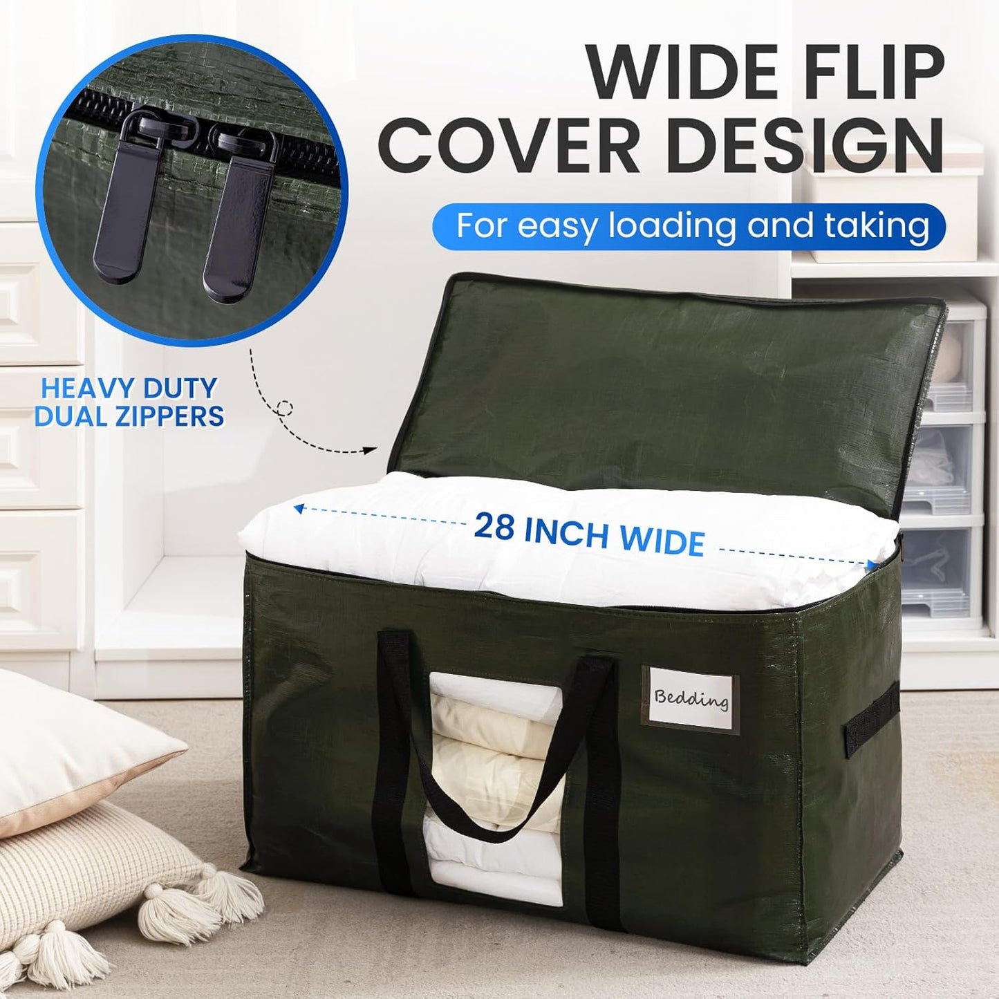 TAILI 12 Pack Green Extra Large Storage Bags, Heavy Duty Totes with Visible Window, Wrap Around Handles, Perfect for Moving and Storage