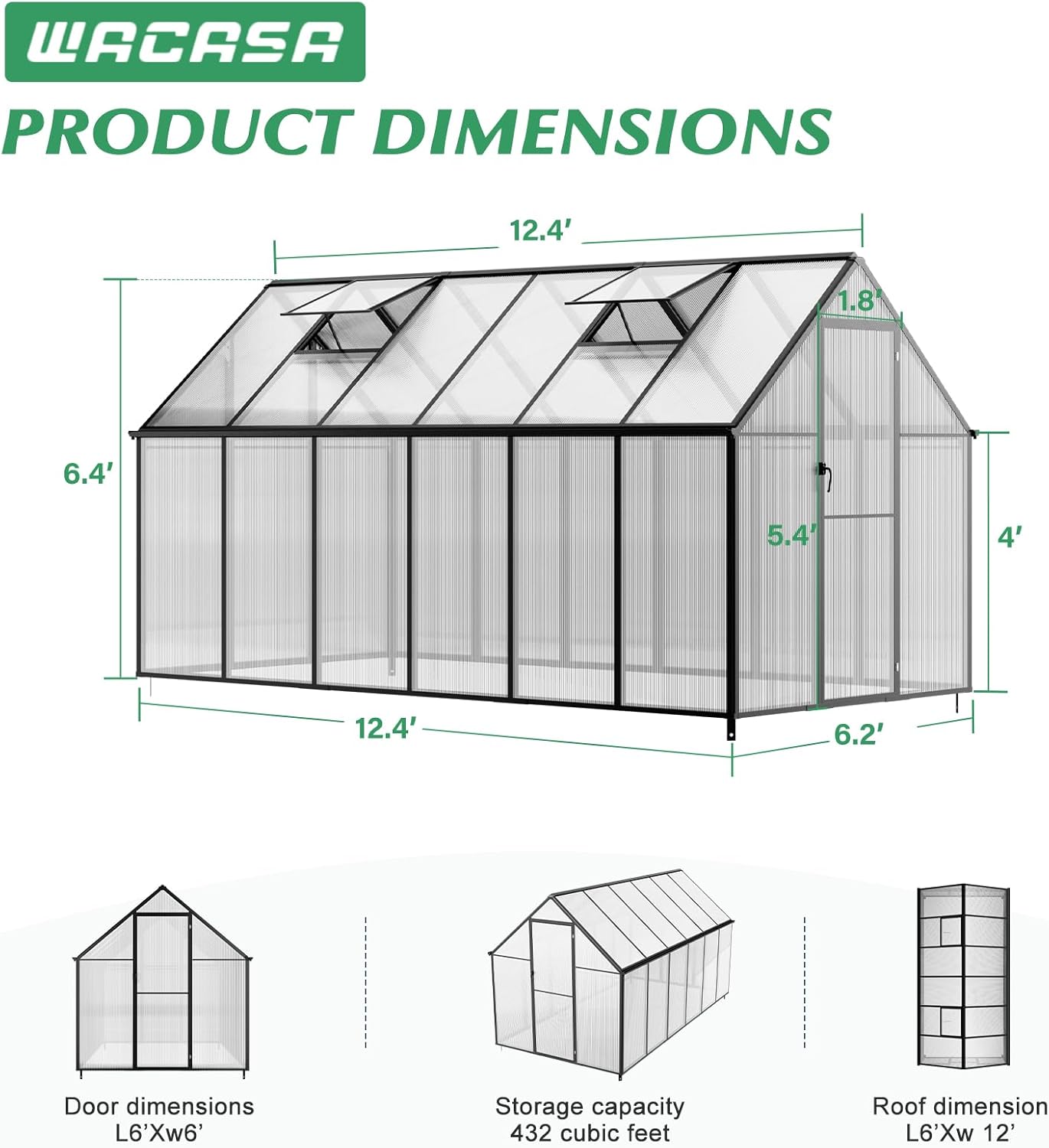 6'x12' Snap-Together Greenhouse - Easy 3-Way Connectors, Heavy-Duty Aluminum Frame, Wind/Snow Resistant for Gardening/Urban Farming, Includes Sliding Door and Ventilation Windows