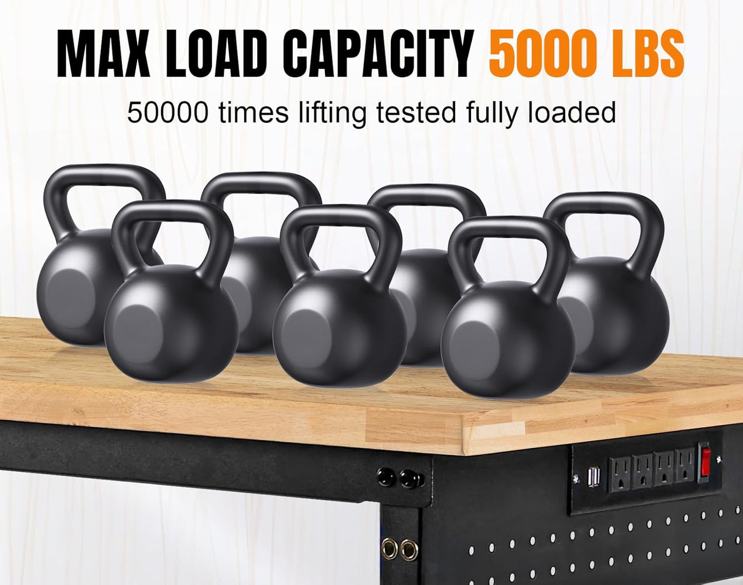 MUWOOD 72” Adjustable Height Workbench, 5000 LBS Heavy Duty Table Rubber Wood Workstation with Power Outlet & Pegboard for Garage, Office, Workshop, Home,Commercial