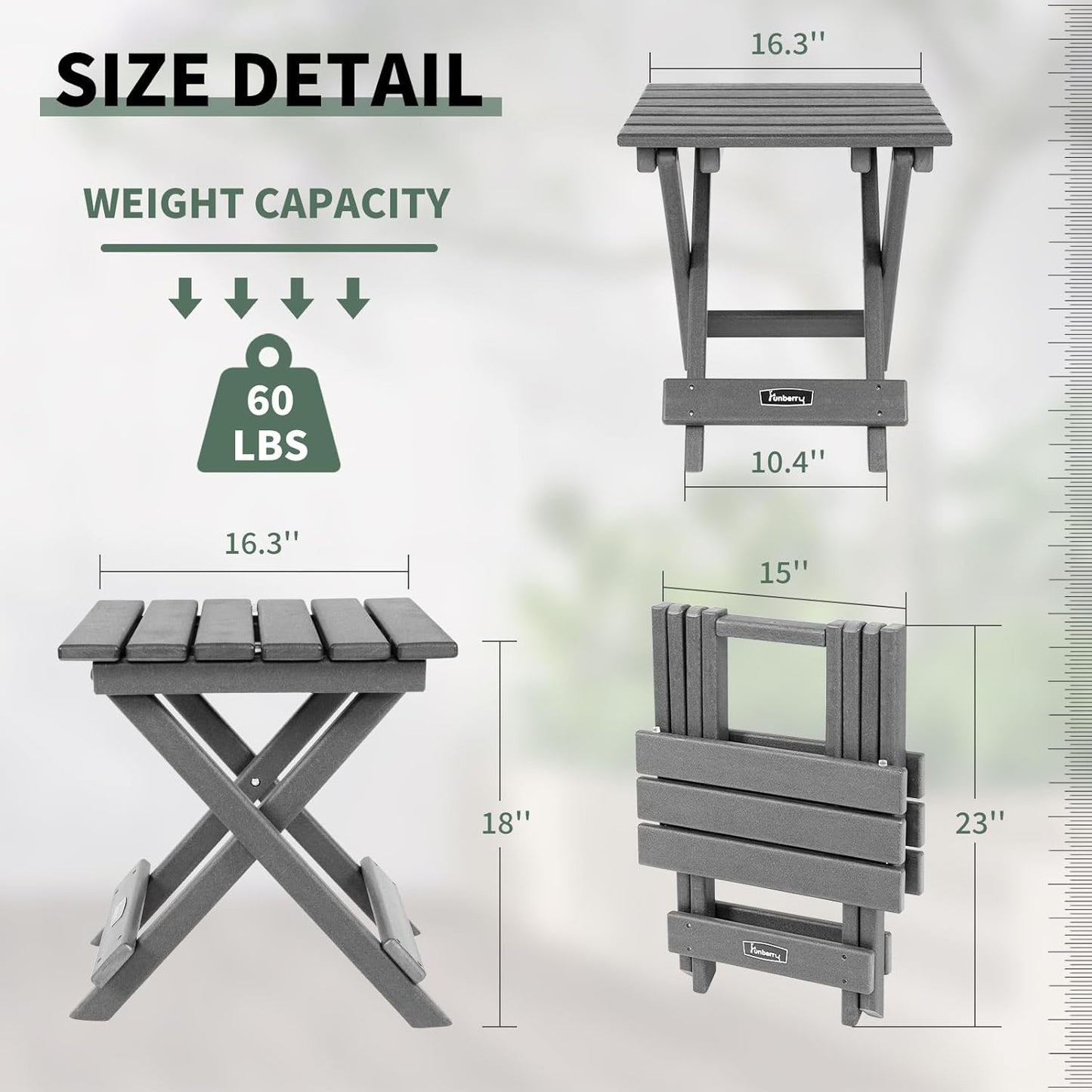 FUNBERRY Outdoor Folding Adirondack Side Table, Portable No Assembly Patio End Table HDPE All Weather