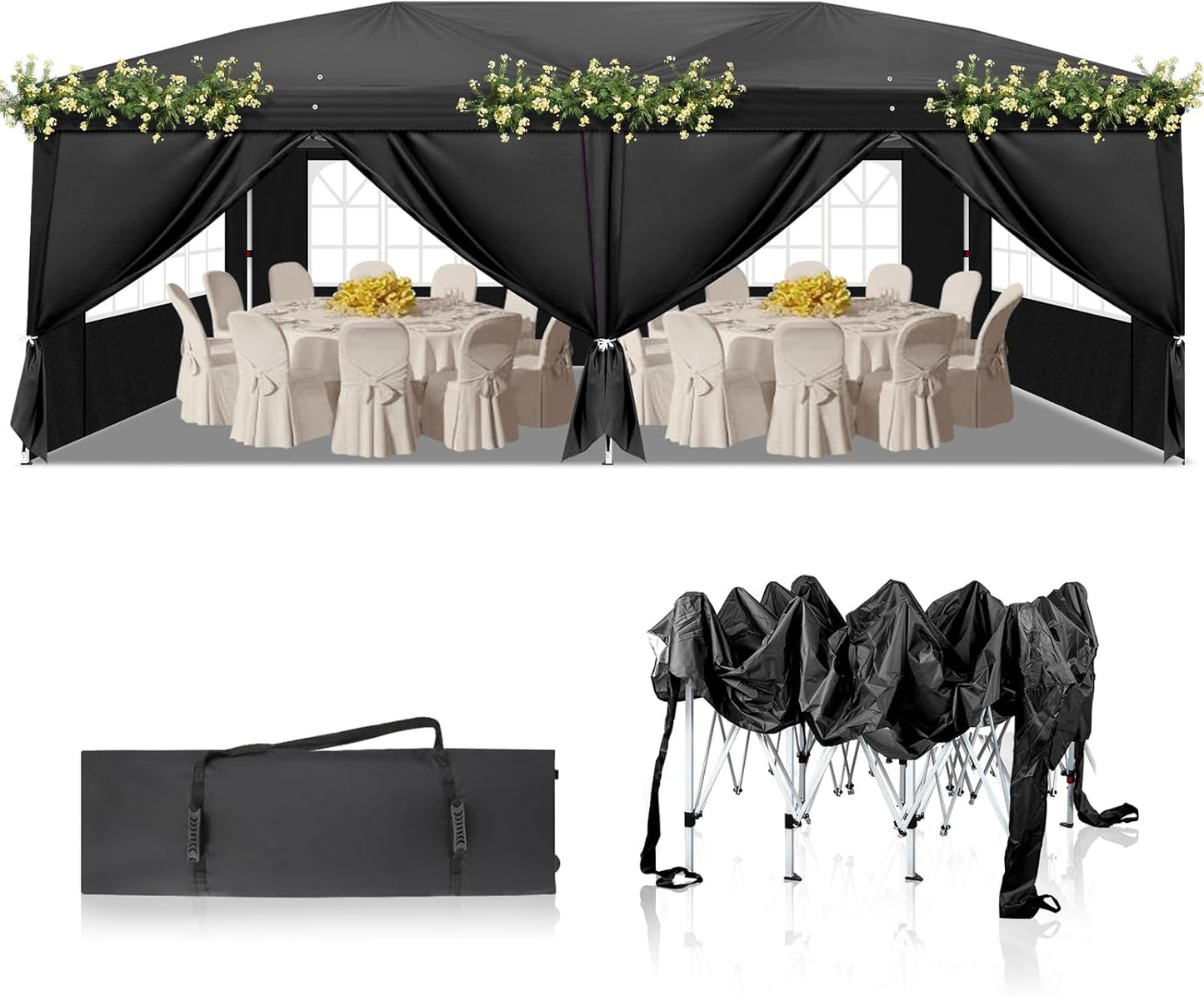 Outvita 10x20ft Pop Up Canopy Tent, Outdoor Instant Shelter Folding Canopy with 6 Side Walls and Carry Bag for Commercial Events, Party, Backyard BBQ, Camping Black