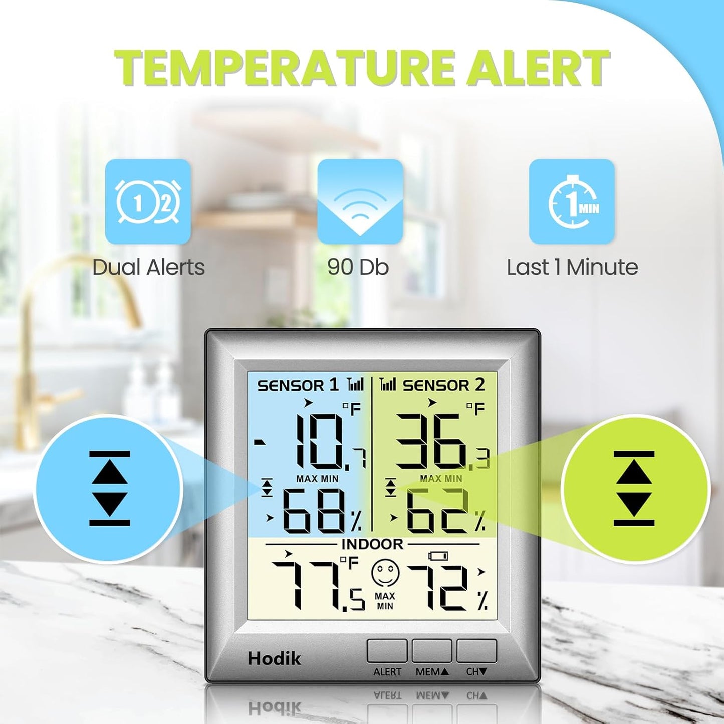 Wireless Freezer Thermometer with Alarm Refrigerator Thermometer, Fridge Freezer Alarm Thermometer Digital with 3 Adjustable Backlight and 330FT Remote Range for Kitchen Home Restaurant (Silver)