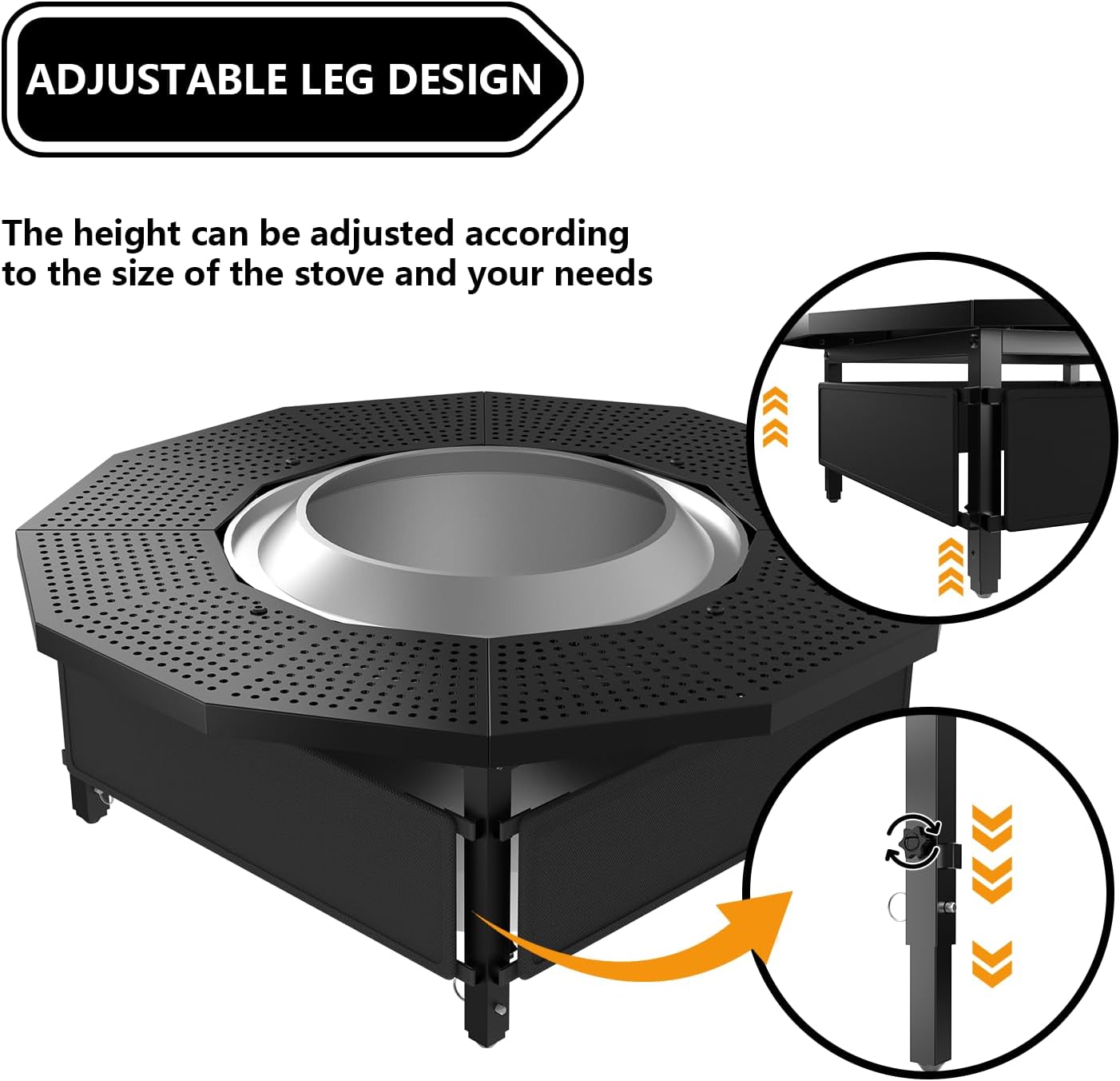 Fire Pit Surround Tabletop Use for Solo Stove Bonfire Ranger Yukon 2.0, with Coated Steel and UV-Resistant Outdoor Fabric, Adjustable Tabletop for Solo Stove Bonfire Accessories, Thick Metal