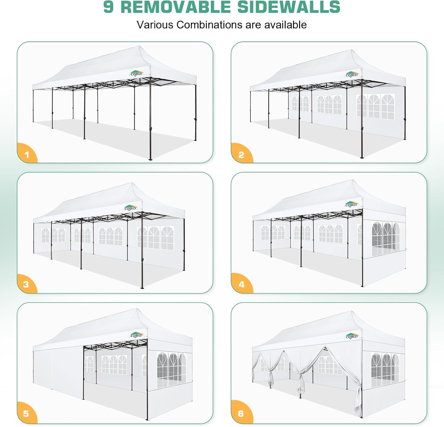 COBIZI 10x30 Pop Up Canopy Tent Heavy Duty with 8 Removable Sidewalls, Commercial Portable Tents for Parties Ez Up Canopy All-Weather Windproof & Waterproof and UPF 80+ Wedding Tent Sun Shelter