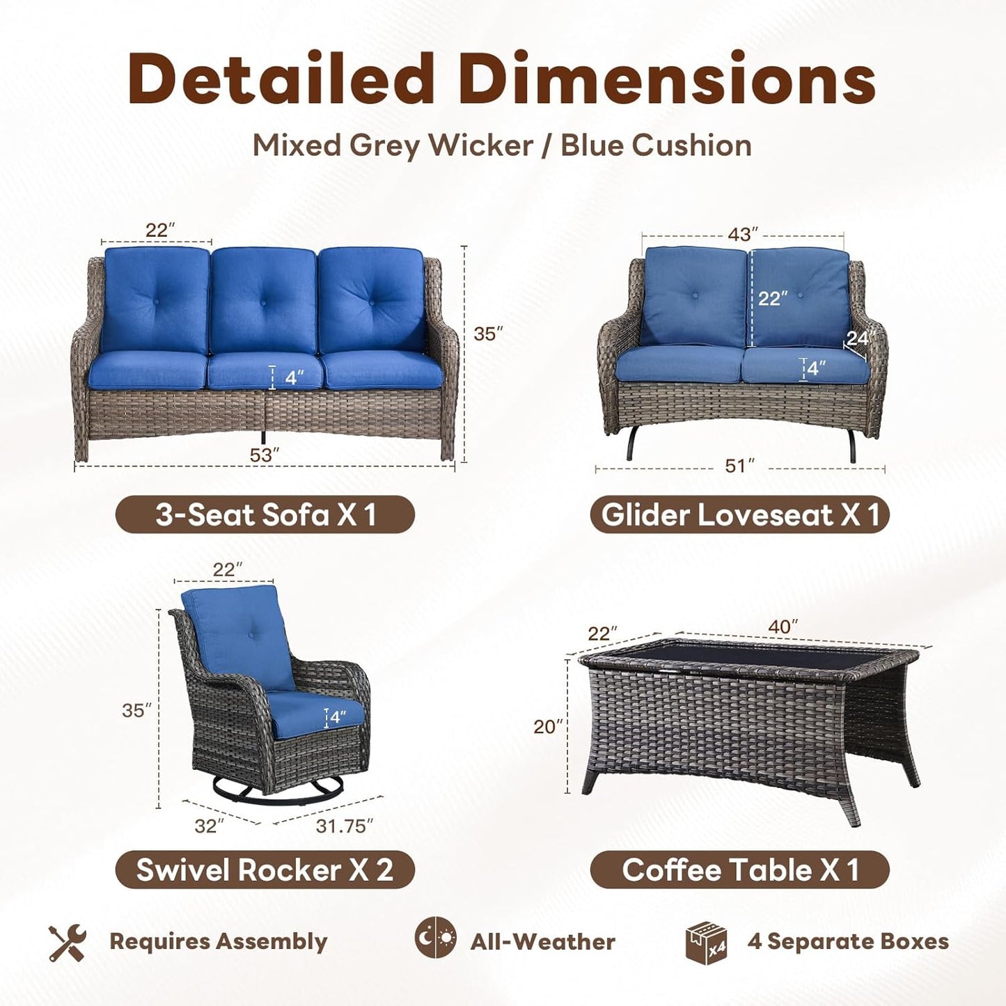 5 Piece Outdoor Patio Furniture Set - Outdoor Conversation Couch and Loveseat Glider Chair Furniture Set with Rattan Coffee Table for Deck Balcony Poolside Gray Wicker/Blue Cushions