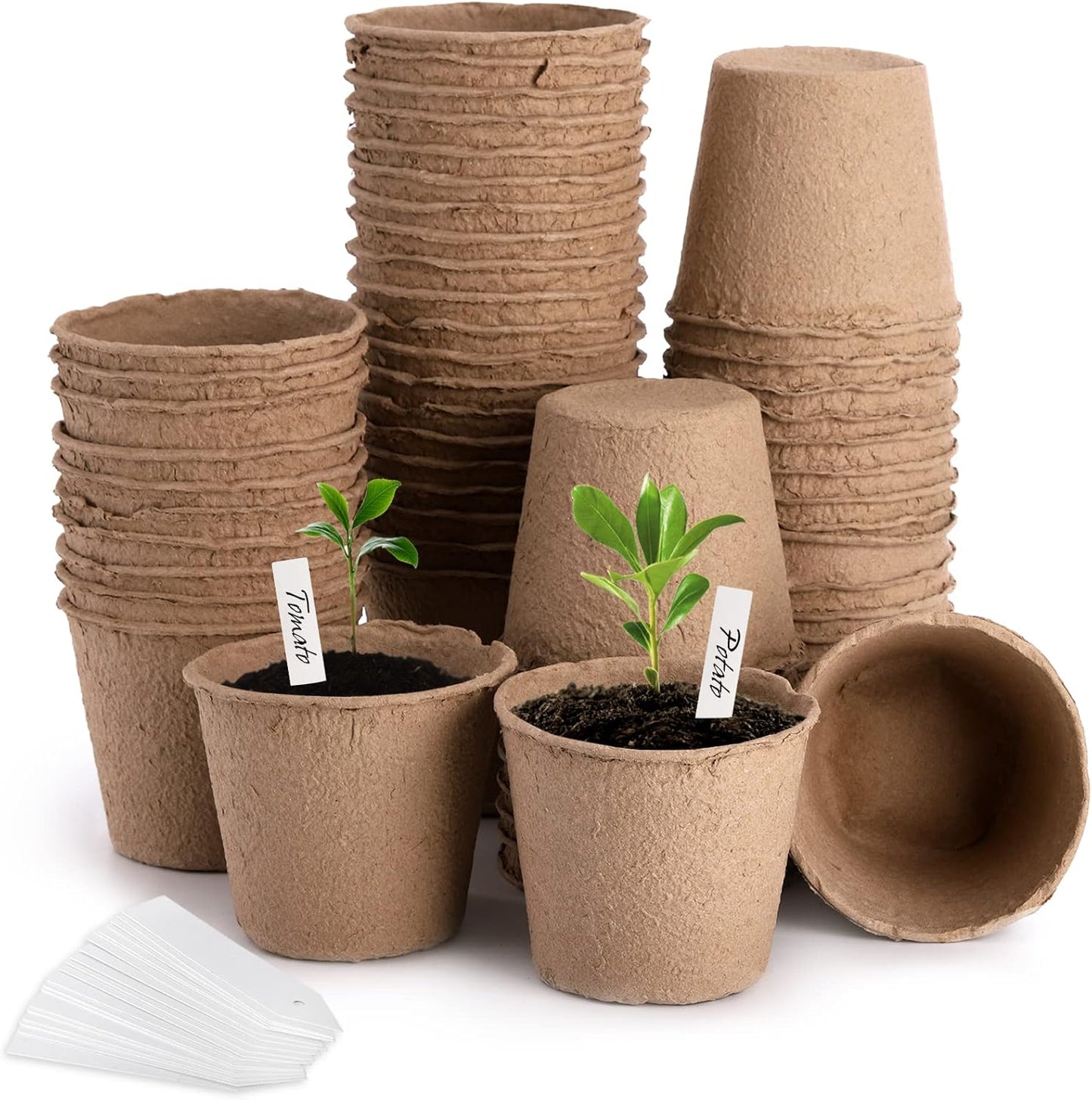 Cedilis 60 Pack 4 inch Peat Pots, Biodegradable Plant Starter Pots with Plant Labels, Germination Station Starter Cups, Disposable Plant Pots for Seedlings, Flowers, Vegetables Seeds