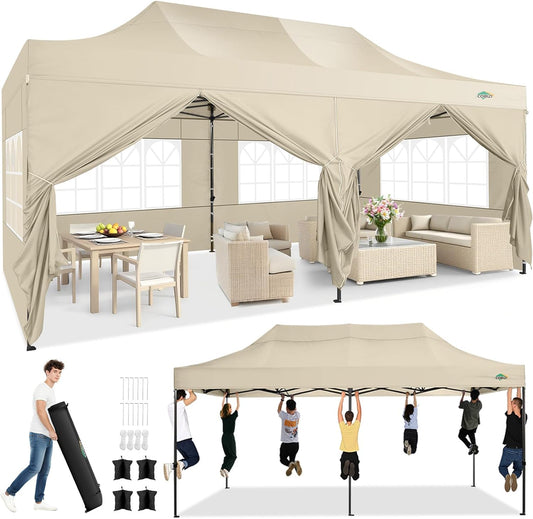 COBIZI 10x20 Pop up Canopy Tent Heavy Duty with 6 Sidewalls, Easy Set-up Commercial Outdoor Party Tent, 100% Waterproof Wedding Canopy Gazebo, 3 Height Adjustable with Wheeled Bag,Khaki