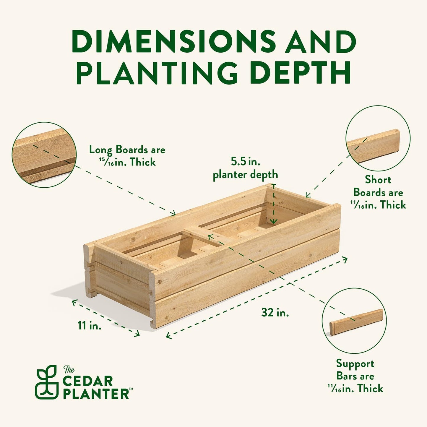 Greenes Fence Cedar Wood Planter Box with Rail Mount Brackets, 32" x 11" x 7" - Made in USA with North American Cedar
