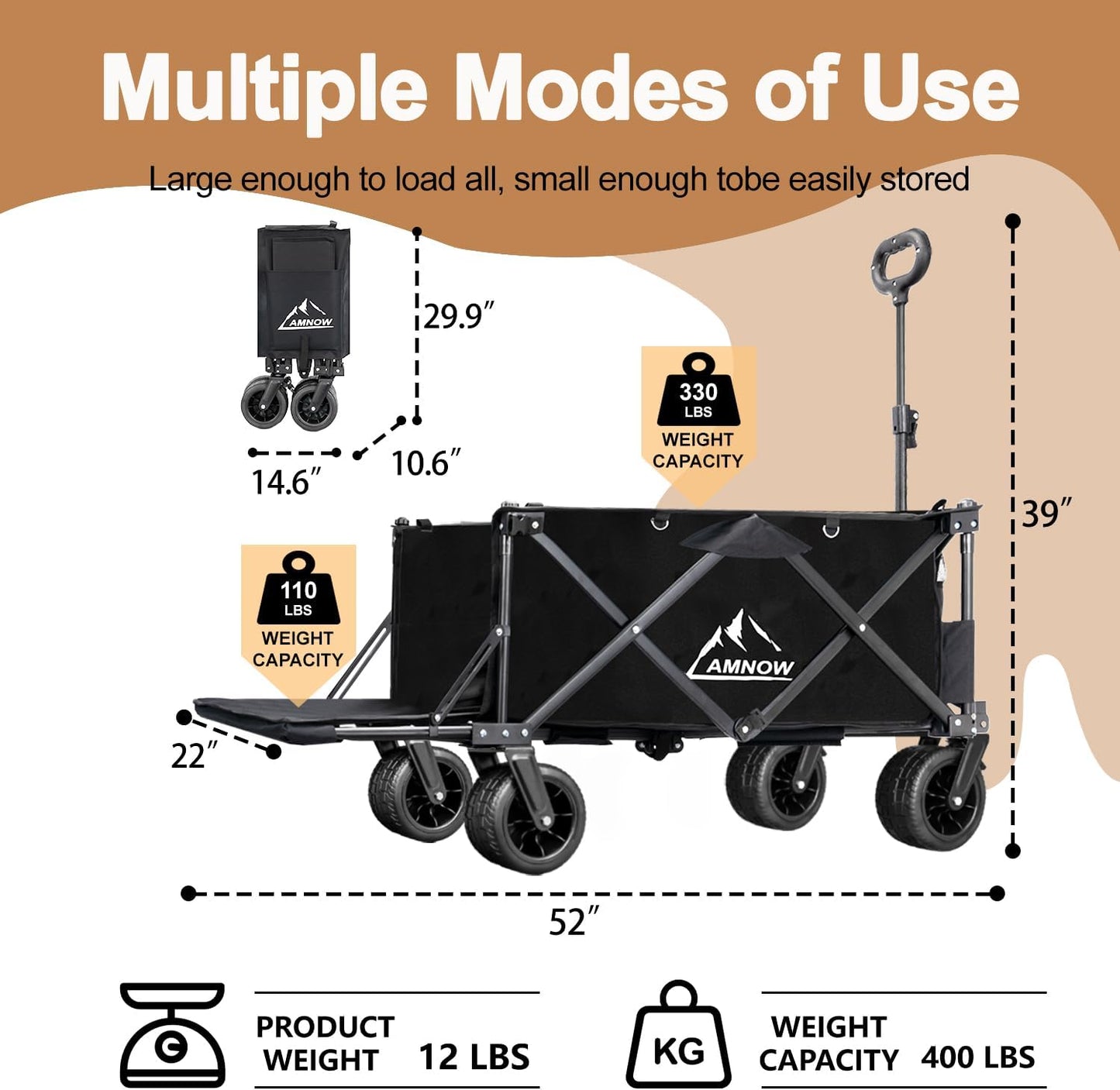 Collapsible Beach Wagon Cart with Big Wheels, 440LBS Upgrade Large Capacity Folding Wagon, Foldable Grocery Cart with Side Pocket and Brakes, Ideal for Sand Camping Outdoor Garden Sports, Black