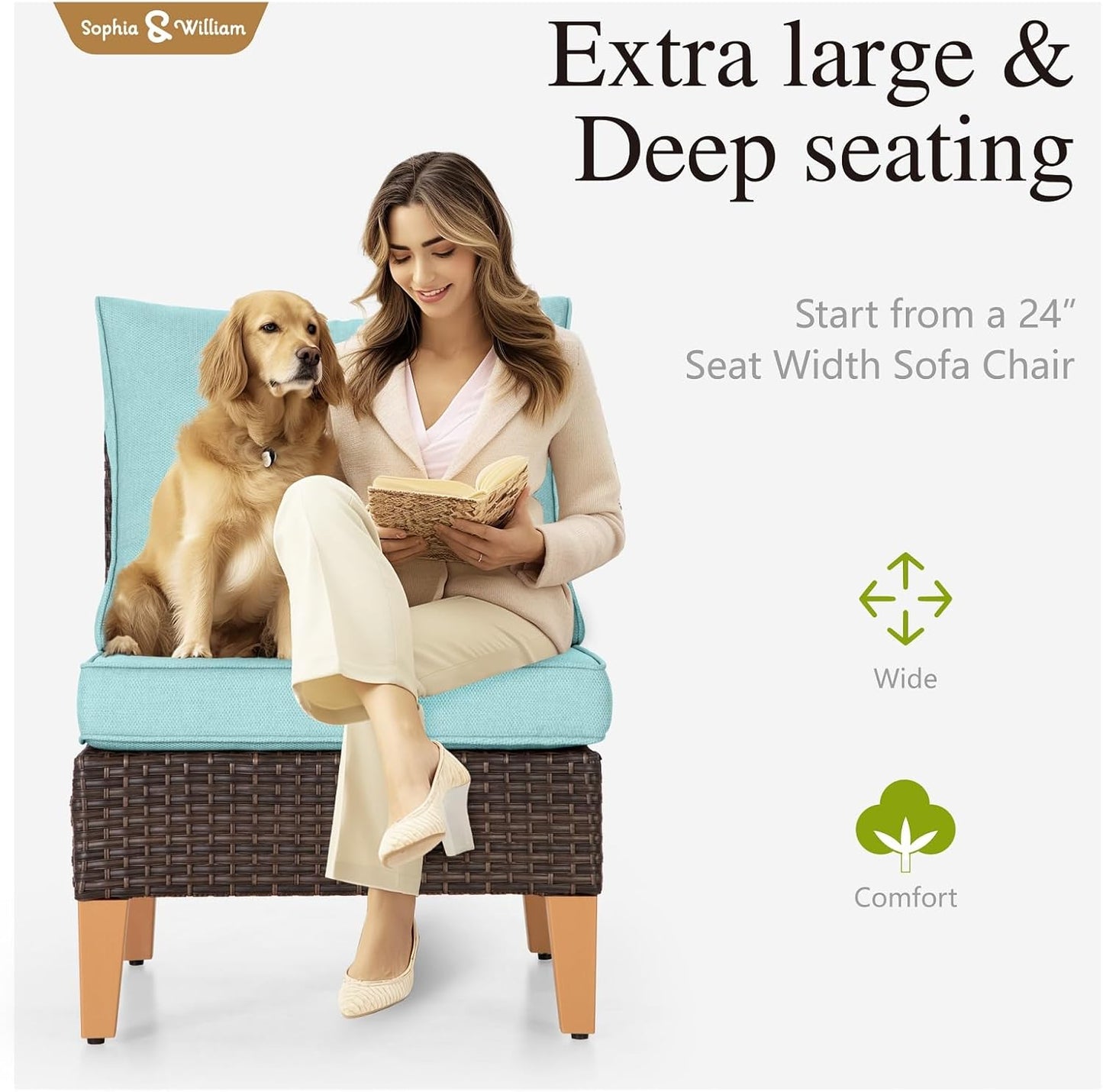 Sophia & William Outdoor Wicker Sectional Sofa Set, 9 Piece Half Moon Curved Patio Furniture Modern Round Outdoor Couch Conversation Set with Ottoman for Backyard, Pool, Garden(Aqua Blue)