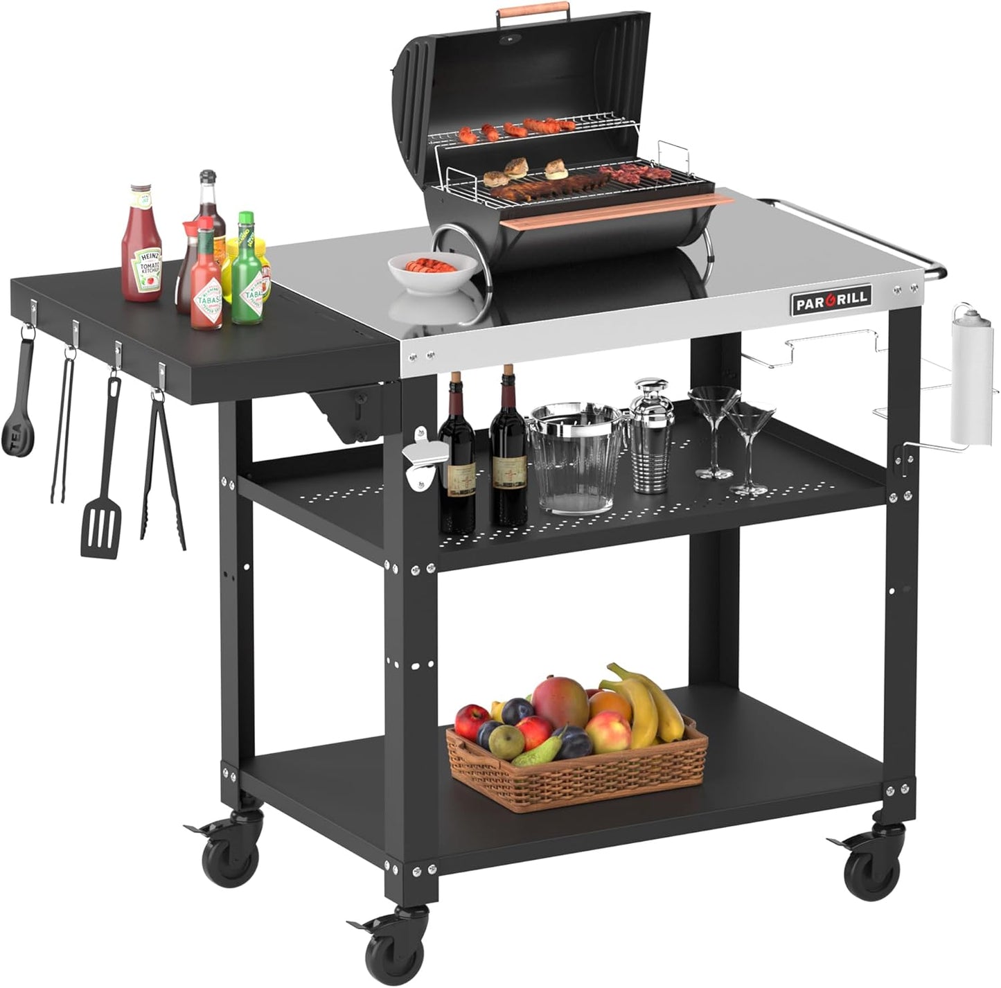 46.6" L x 20" W Three-Shelf Outdoor Grill Table, 4 Swivel Casters with Brake, Movable Outdoor Prep Table with Foldable Side Table, Stainless Steel Pizza Oven Table, BBQ Grilling Table
