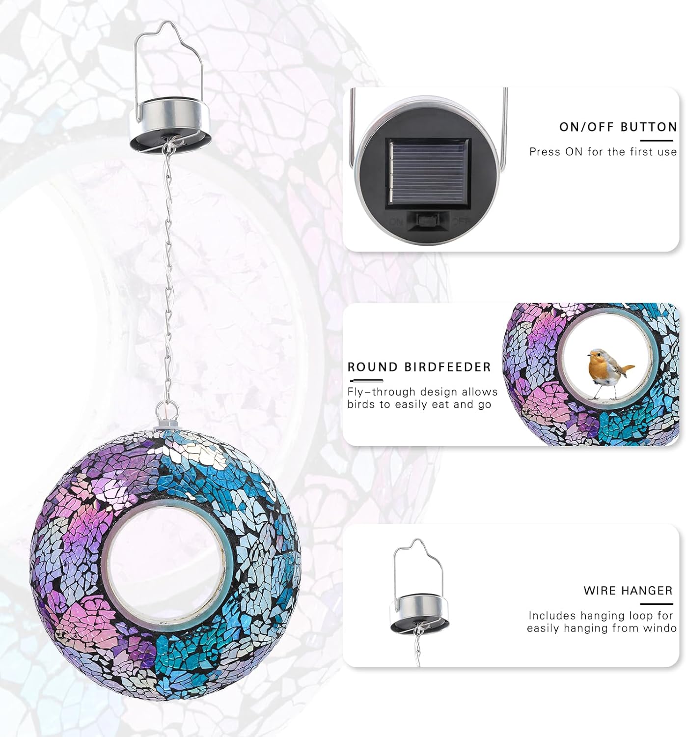 VCUTEKA Mosaic Bird Feeder Solar Fly Through Birdfeeder for Outside Hanging Round Shape Glass Container to Attract More Wild Bird Feeders for Garden Decor as Gift for Bird Lovers, 8-Inch