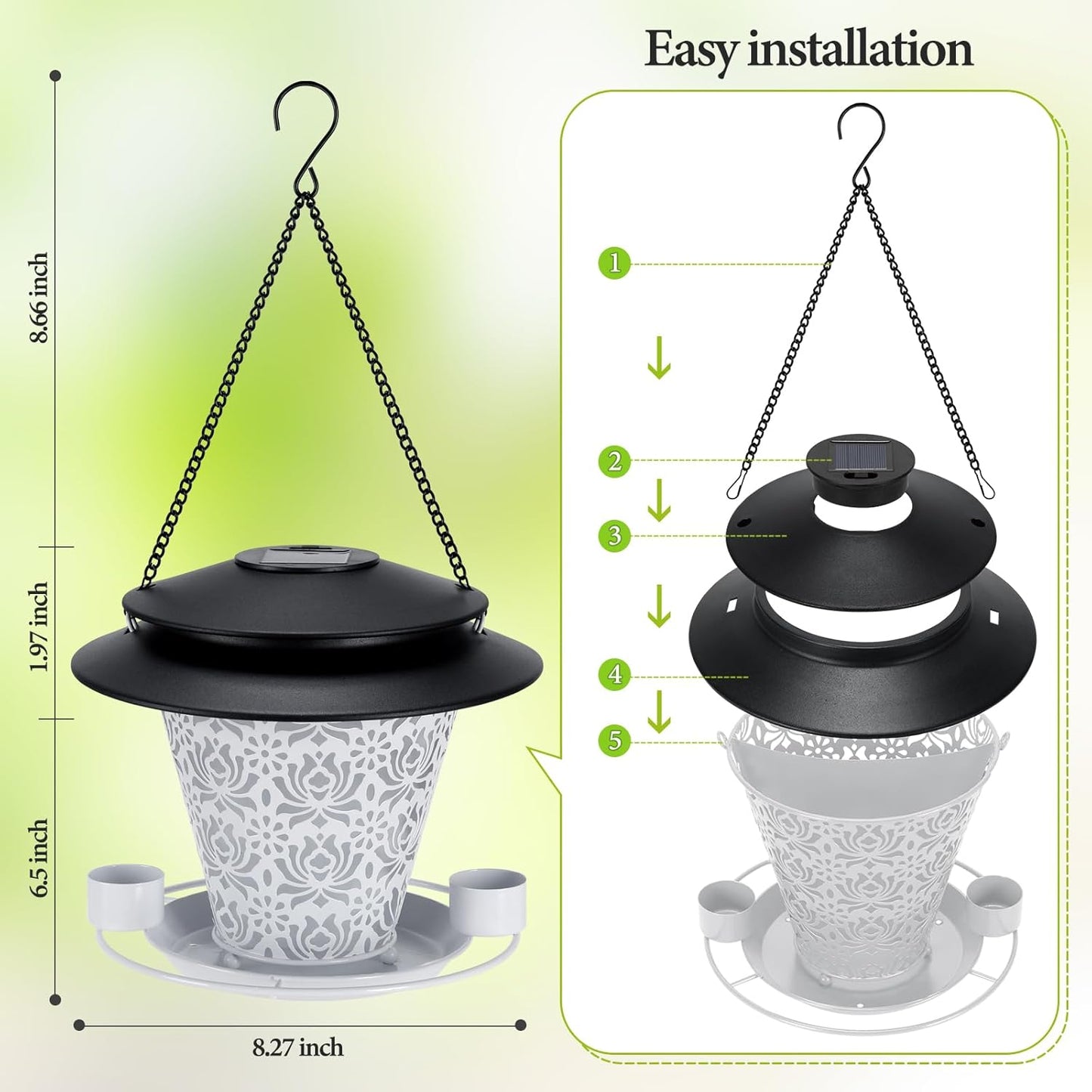 Solar Bird Feeders for Outside Hanging Metal Wild Bird Feeder Solar Lanterns Outdoor Waterproof Garden Decor for Yard White