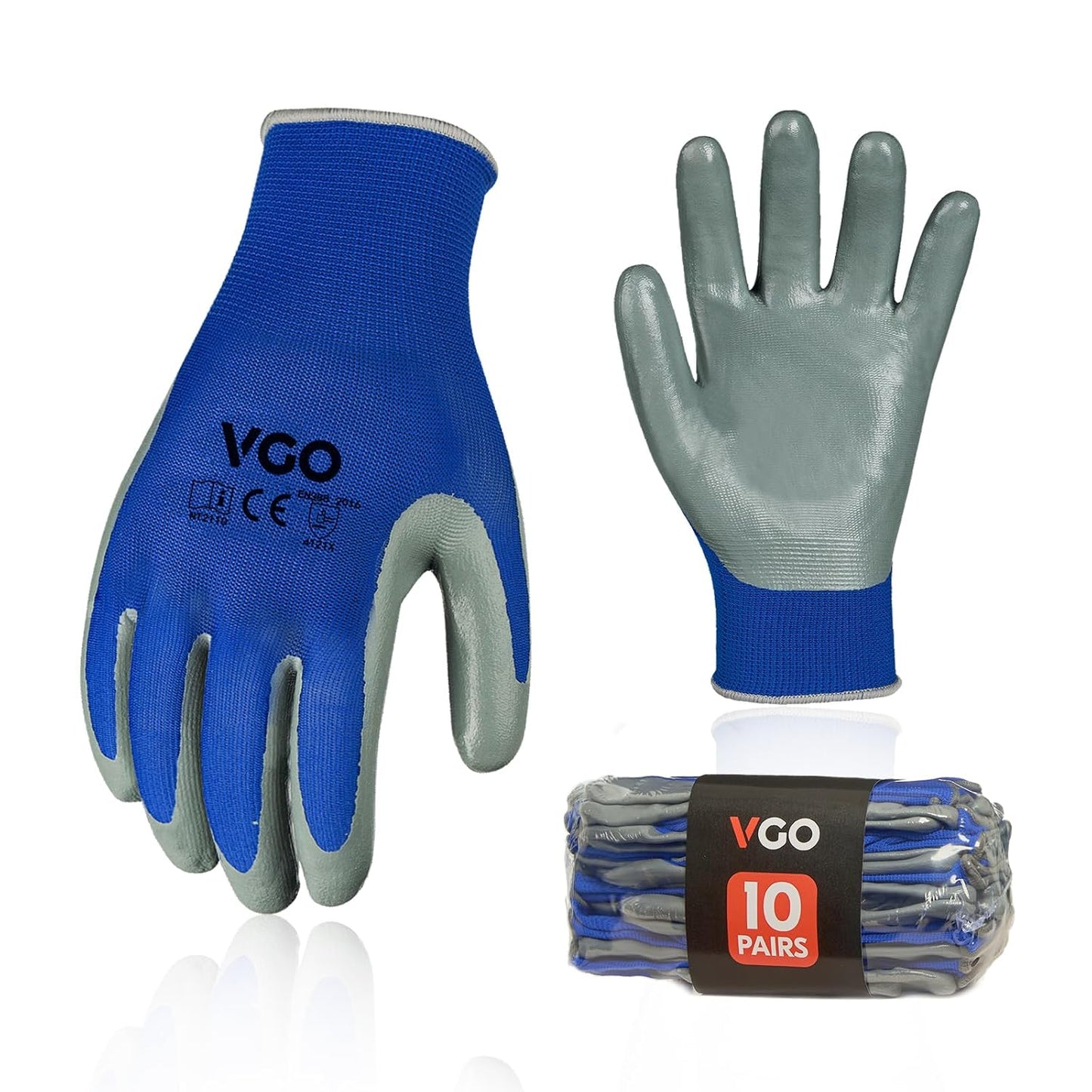 Vgo... 10-Pairs Safety Work Gloves, Gardening Gloves, Non-slip Nitrile coating, Dipping Gloves (Size M, Blue, NT2110)