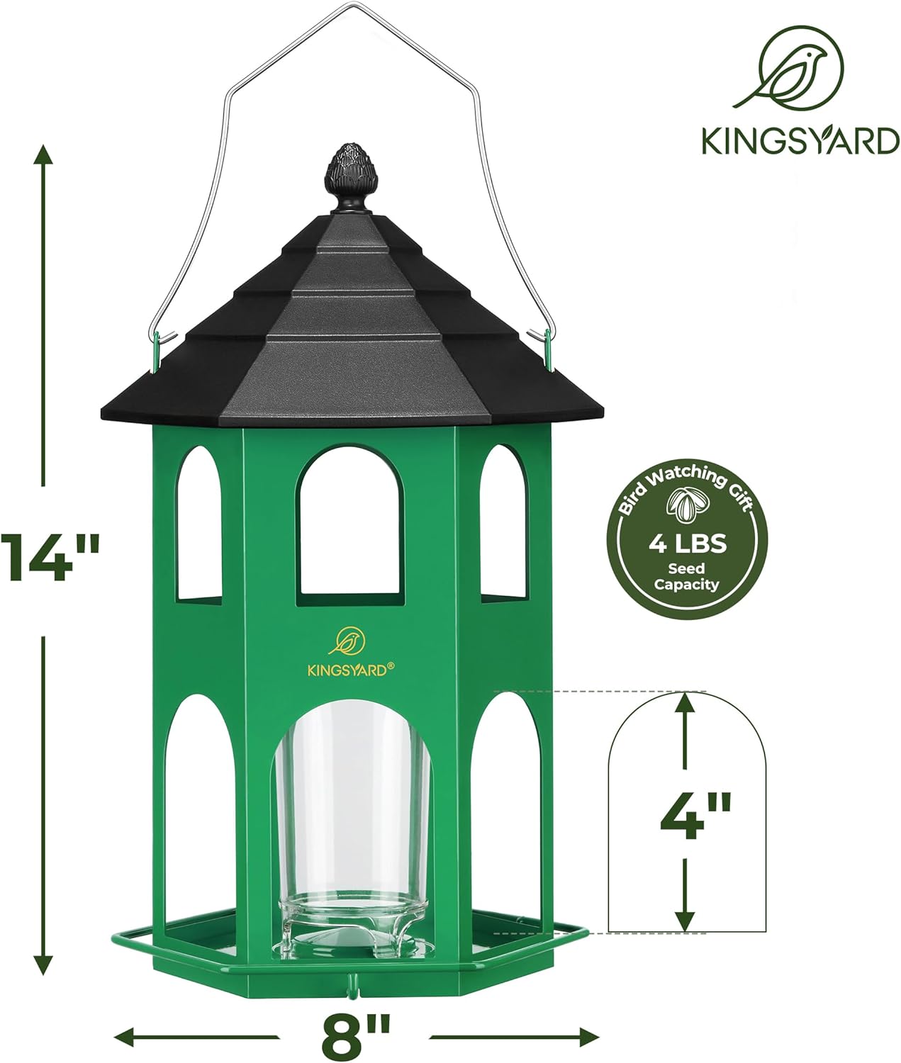 Kingsyard Metal Bird Feeder for Outdoor Hanging, Wild Bird Feeders with Circular Perch, Easy to Clean & Refill, 4 lbs Large Seed Capacity, Green