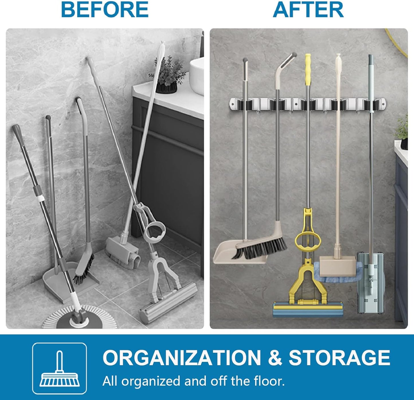 IMILLET 2 Pack Wall Mount Broom Holder Stainless Steel 5 Racks with 4 Hooks Broom Organizer Self Adhesive Heavy Duty Laundry Room, Garage Organization Storage