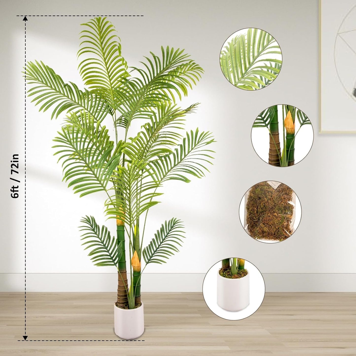 Artificial Fake Palm Tree 6FT 1Pack with White Planter & Free Moss, UV Resistant Artificial Palm Tree for Outdoors, Fake Plants for Poolside Home Room Decor, Faux Plants Outdoor Decor