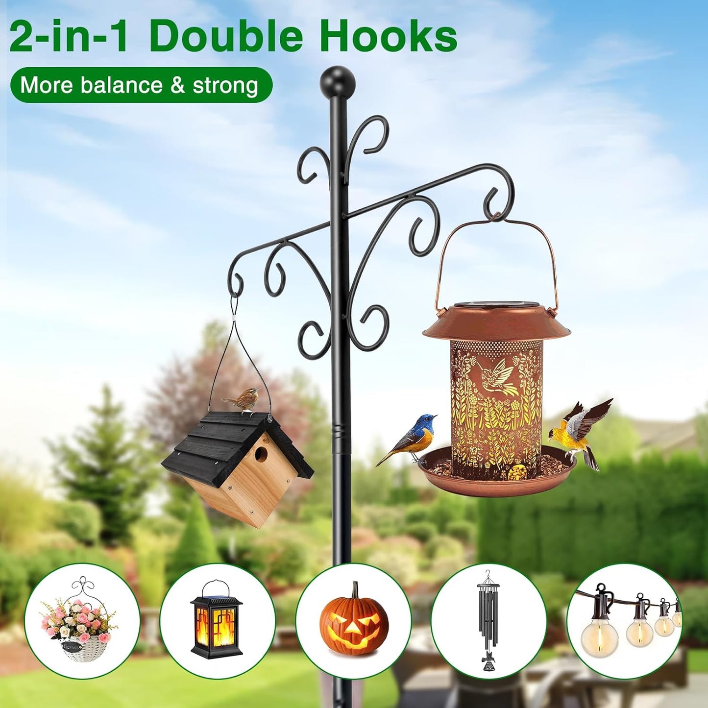 Bird Feeder Pole for Outdoors Heavy Duty Squirrel Proof, 2 Pack 108 Inch Adjustable Tall Shepherds Hooks for Outdoor with 5 Prongs Base, Double Shepherd Hooks (2 Pack Black, 108 Inch)