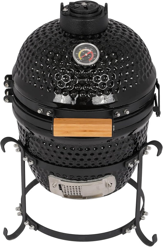 13" Round Ceramic Kamado Charcoal Grill - Heavy-Duty Black Outdoor BBQ Smoker with Heat Retention, Portable Egg Design for Grilling, Smoking, Baking & Roasting (Includes Ash Tool)