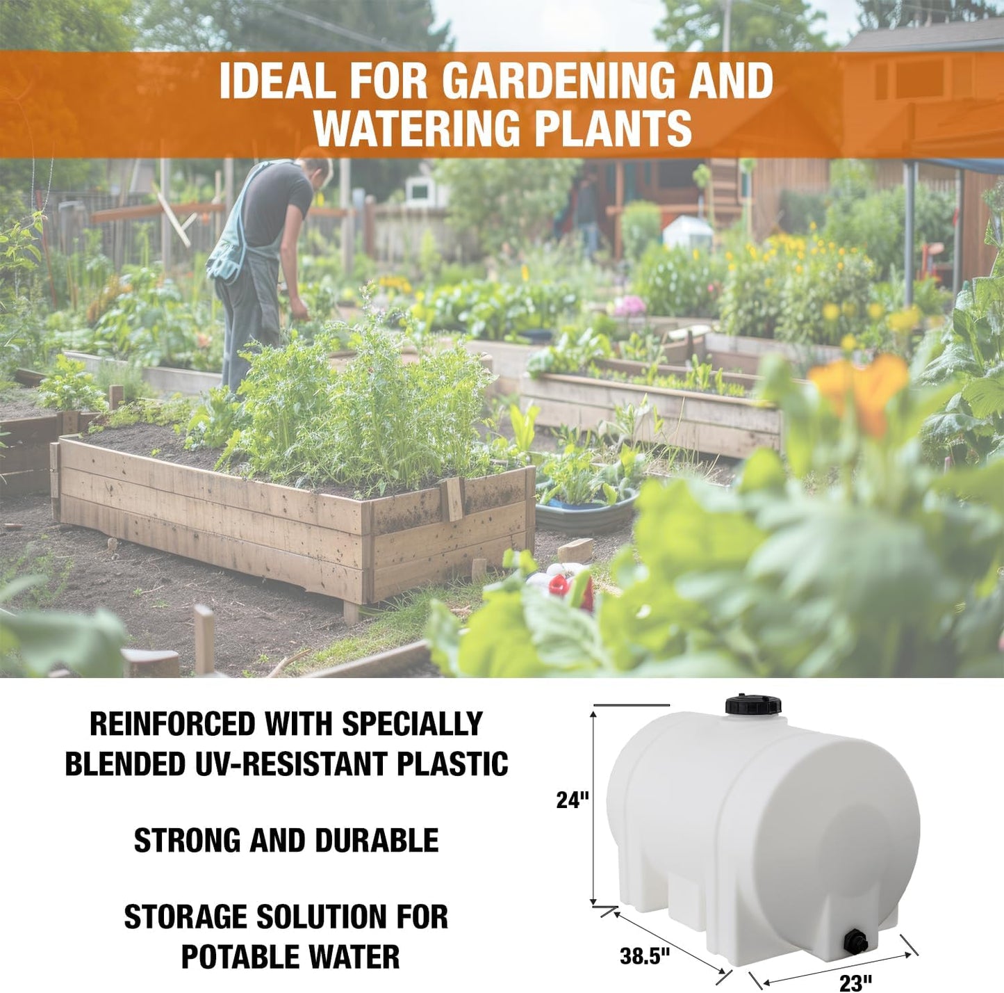 RomoTech 82123939 Horizontal Polyethylene Reservoir Water Tank w/Legs, 60 gal, Made In USA, Natural Poly Tank for Non-Flammable Liquids, UV-Resistant, Ideal for Agricultural Use, RV Water Storage