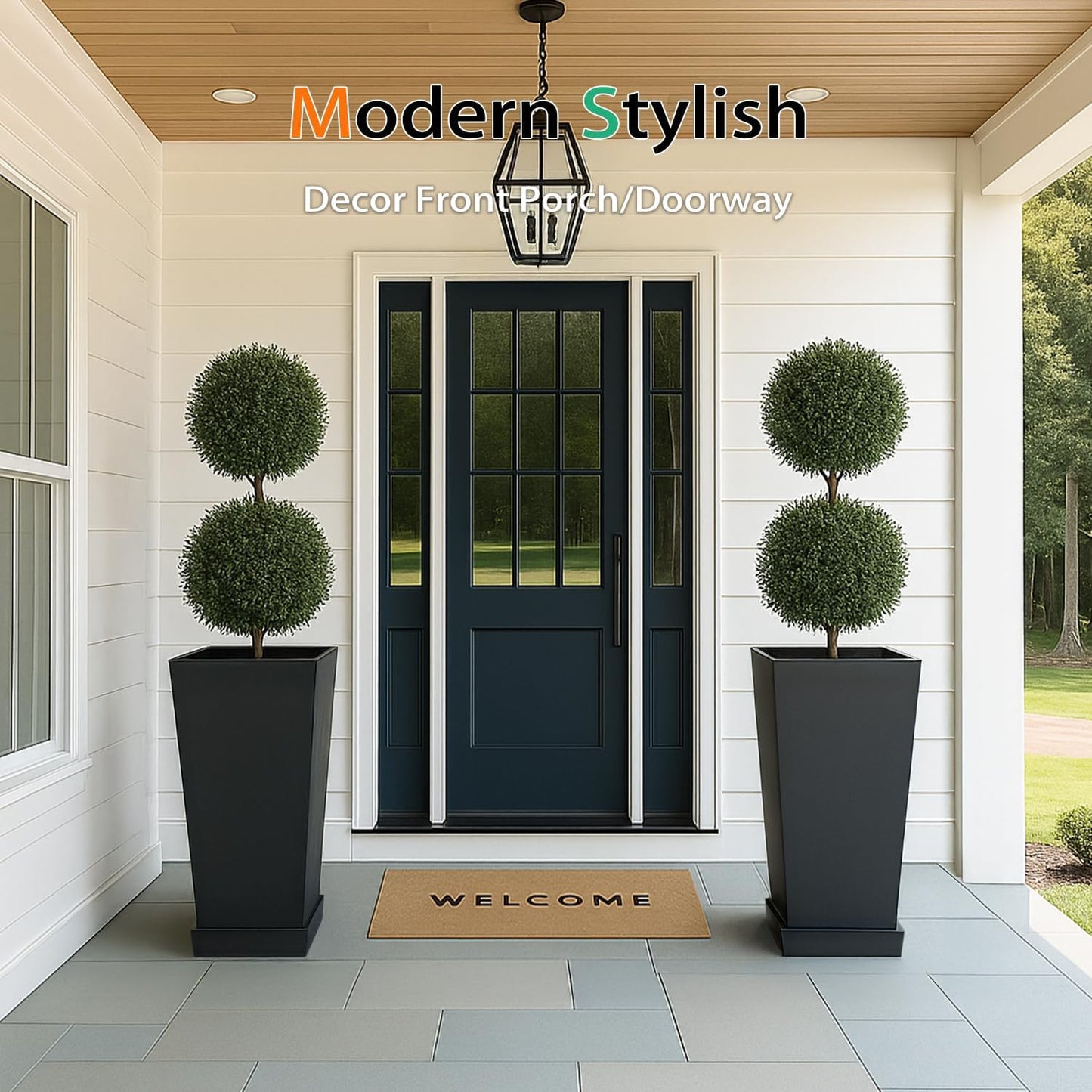 Tall Planters for Outdoor Plants, Large Resin Flower Pots with Saucers for Garden, Front Porch, Patio, Indoor - Set of 2 (Black, 34 inch - 2 Pack)